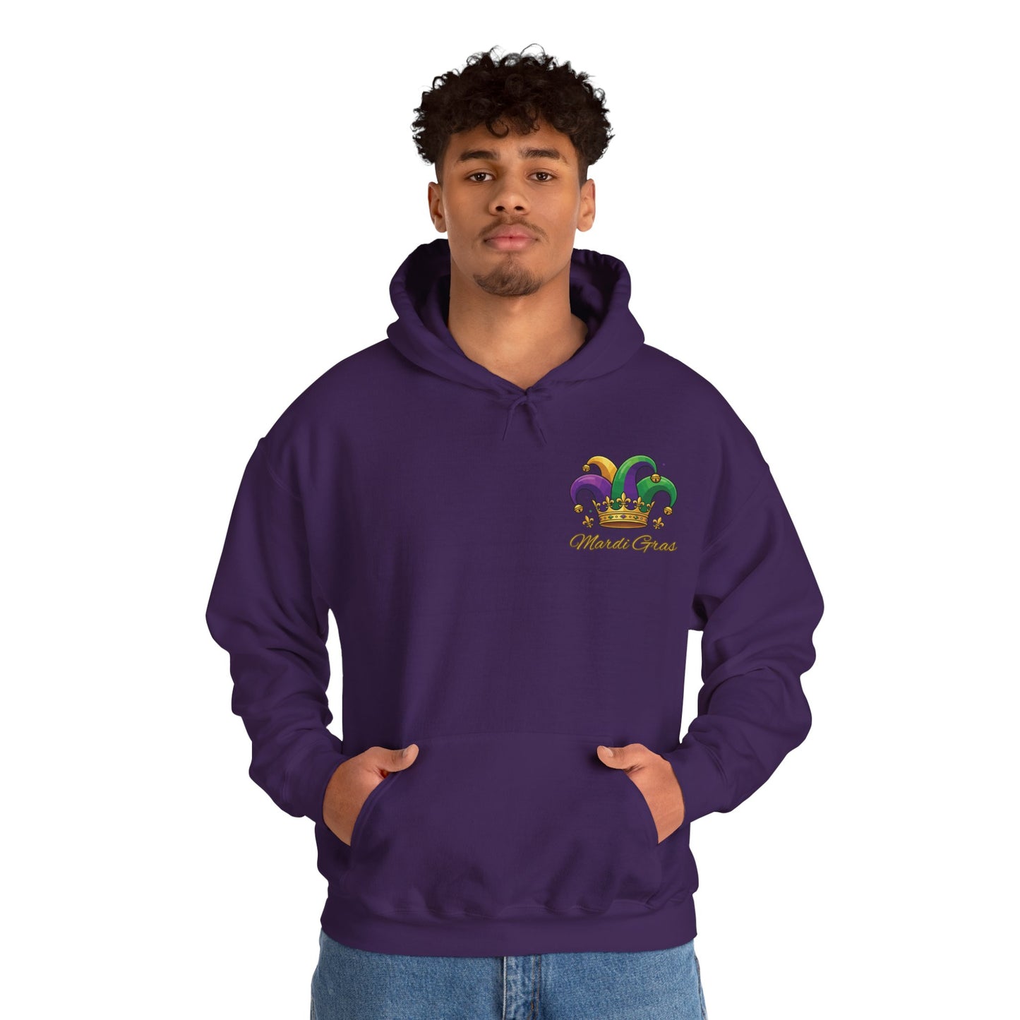 "Mardi Gras Jester Crown" Unisex Pullover Hoodie.  Festive Colorful Front Chest & Bold Back Designs Make This THE Hoodie Of Carnival Season!