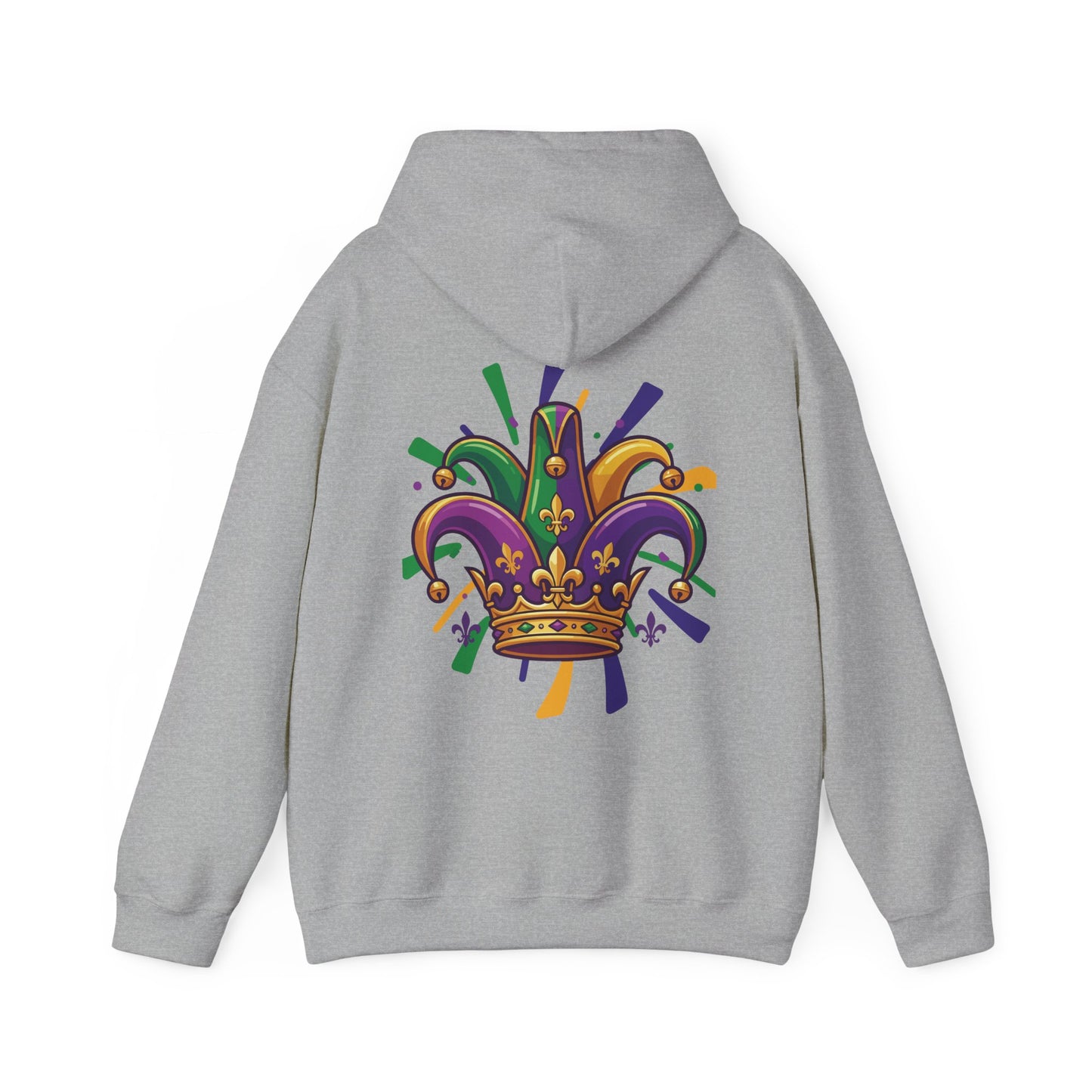 "Mardi Gras Jester Crown" Unisex Pullover Hoodie.  Festive Colorful Front Chest & Bold Back Designs Make This THE Hoodie Of Carnival Season!