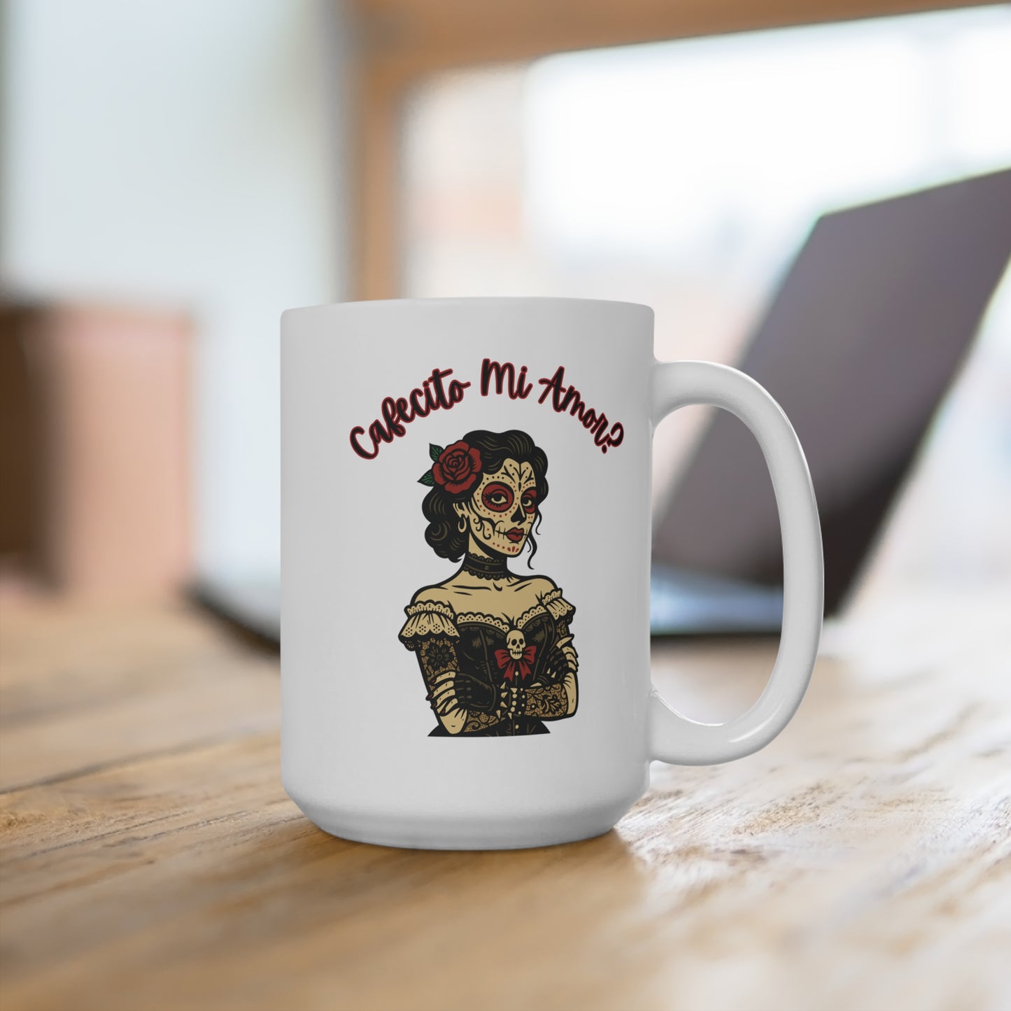 Cafecito Mi Amor?-La Dama, Sugar Skull Style, 15oz White Ceramic Mug.  Great Gift for Day of the Dead Coffee Cup for Coffee Lovers