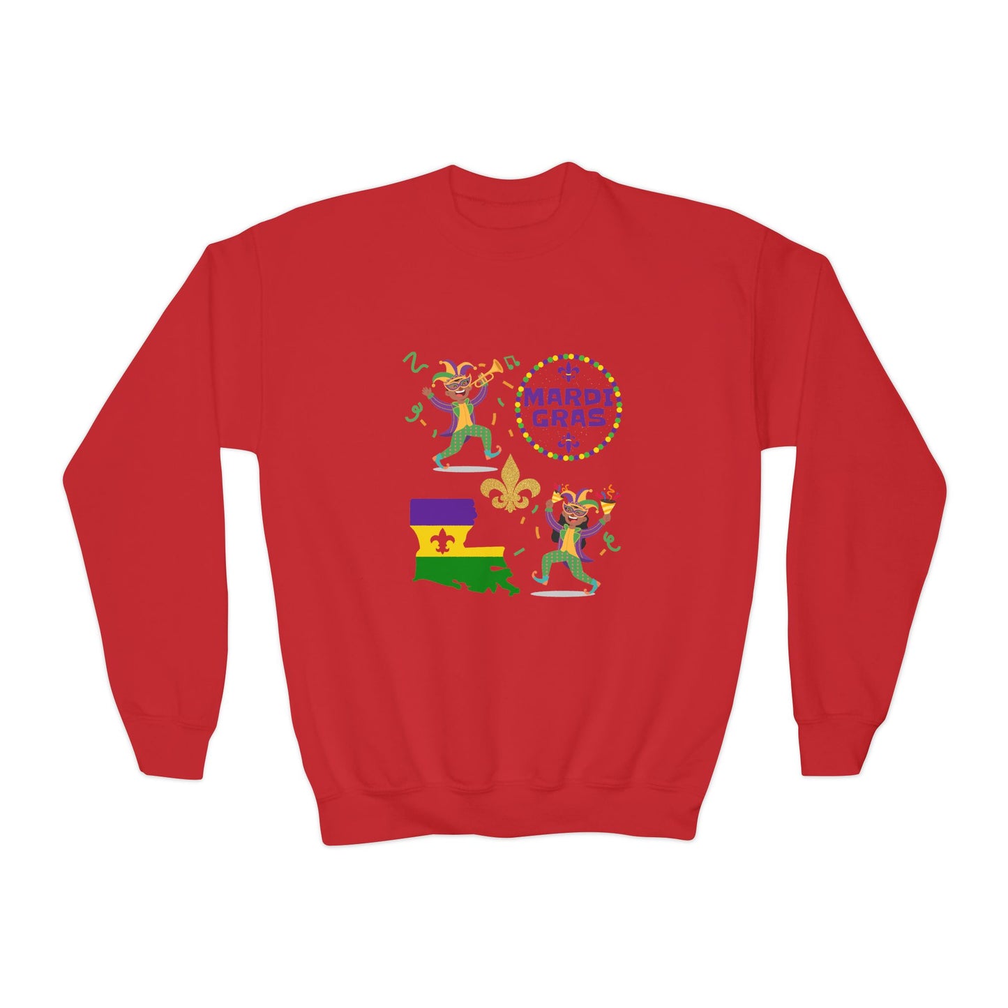 "Mardi Gras Kids" Youth Crewneck Sweatshirt — Colorful Beads, Jester Costumes & The State Of Louisiana all in Classic Mardi Gras Colors - Ready For The Parades!