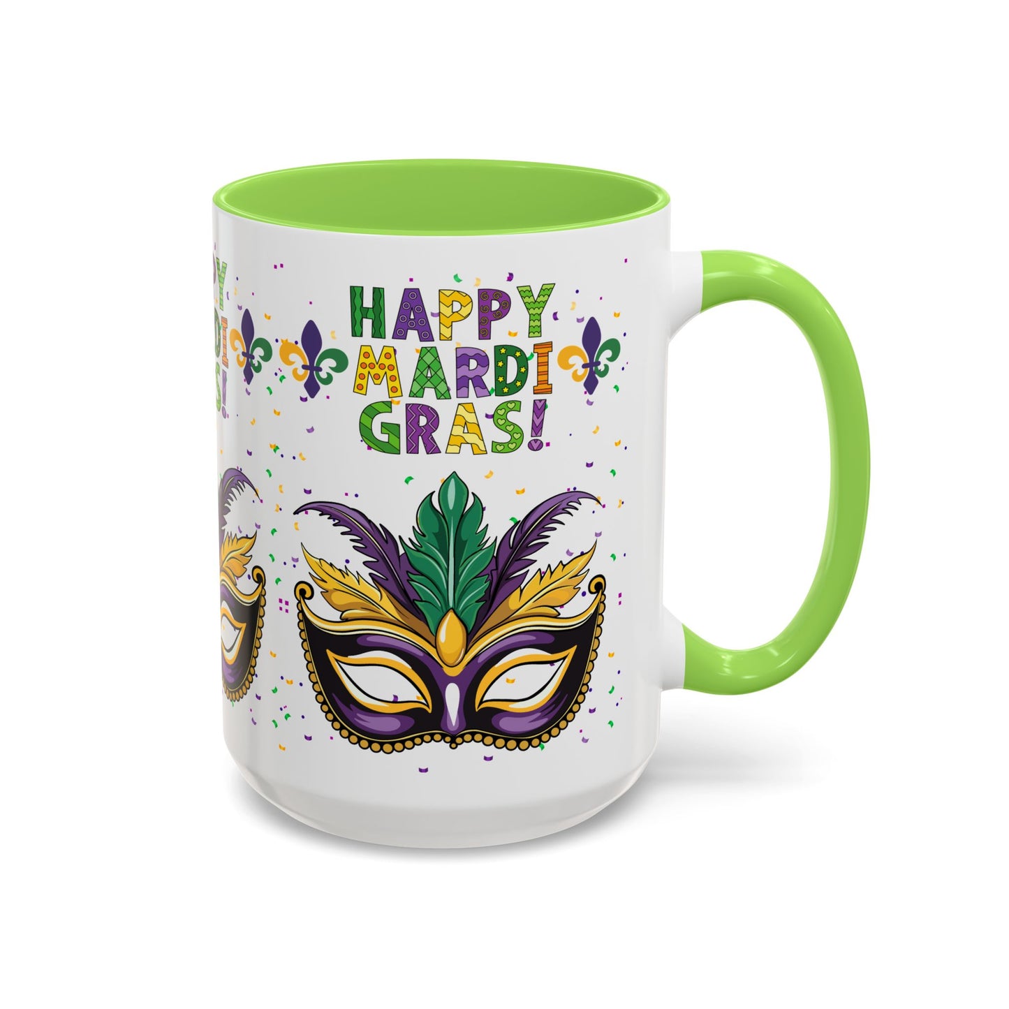 "Happy Mardi Gras" Mugs — Colorful 11oz/15oz Carnival Mask-Fleur De Lis Design White Ceramic Mugs