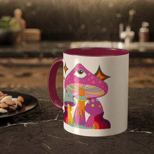 "Groovy Mushrooms" 11 oz White Mug with Colorful Accents