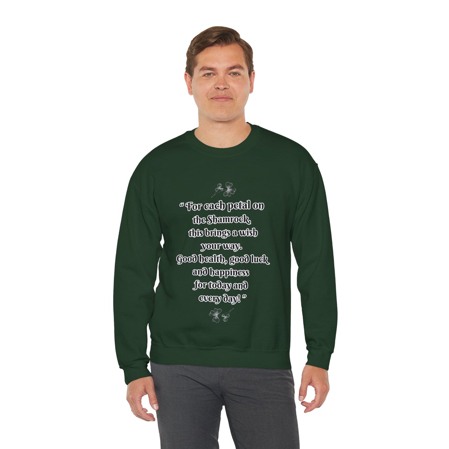 "St. Patrick's Day-Shamrock Blessing" Unisex Crewneck Pullover Sweatshirt With Front & Back Designs. Vintage Bearded Irish Gentleman & Classic Irish Blessing