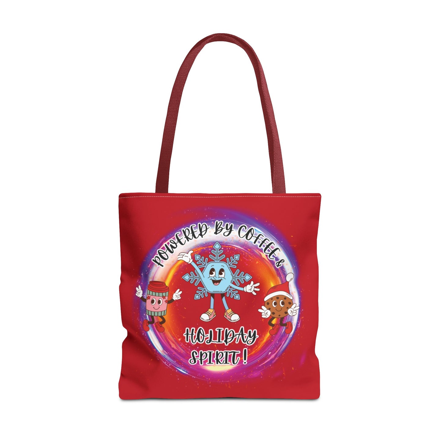 "Powered By Coffee And Holiday Spirit "  Red Tote Bag  with Colored Straps