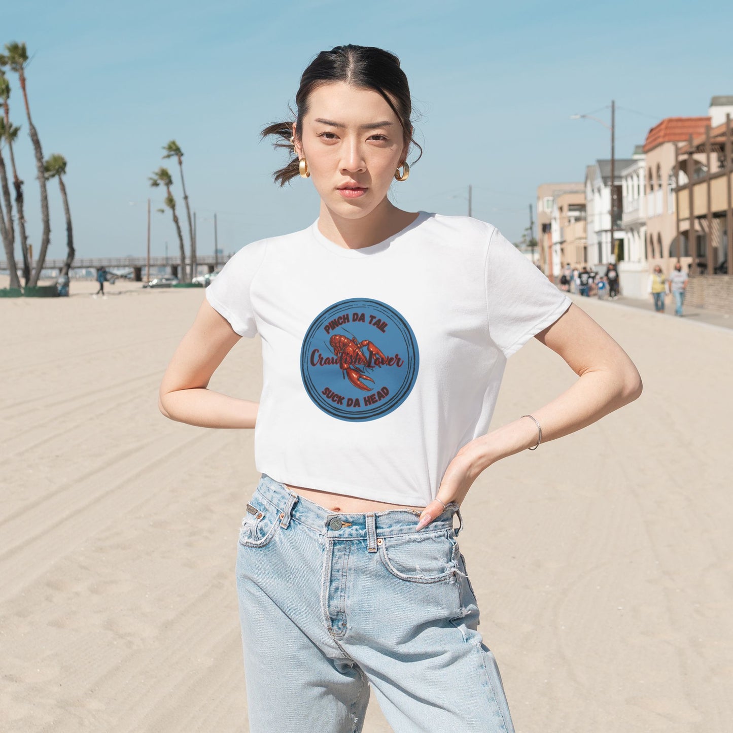 "Crawfish Lover"  Womens' Flowy Cropped Tee — "Pinch Da Tail, Suck Da Head" Seafood Festival Shirt