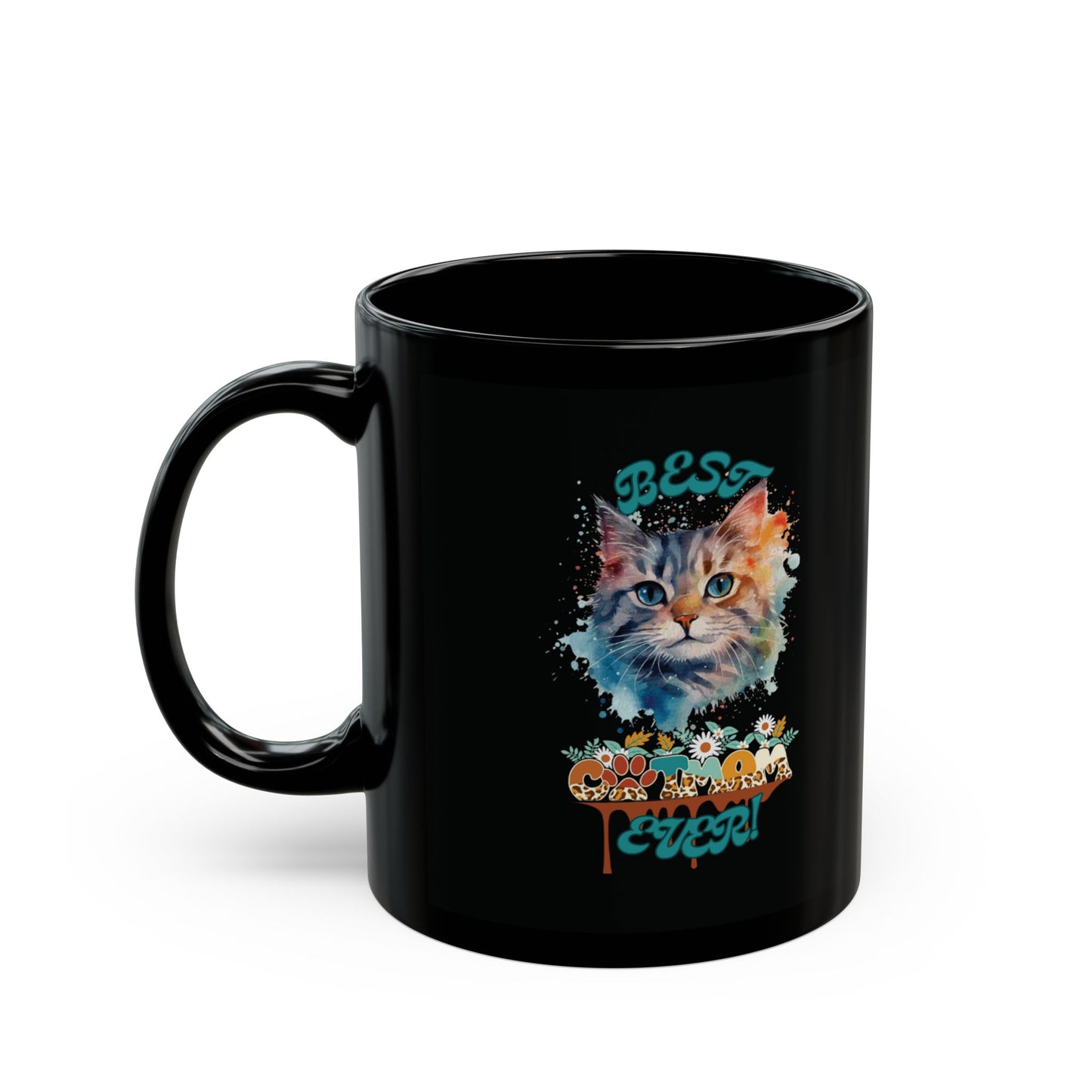 Cat Lover Mug — "Best Cat Mom-Ever" Floral Kitten Black Coffee Mug (11oz)