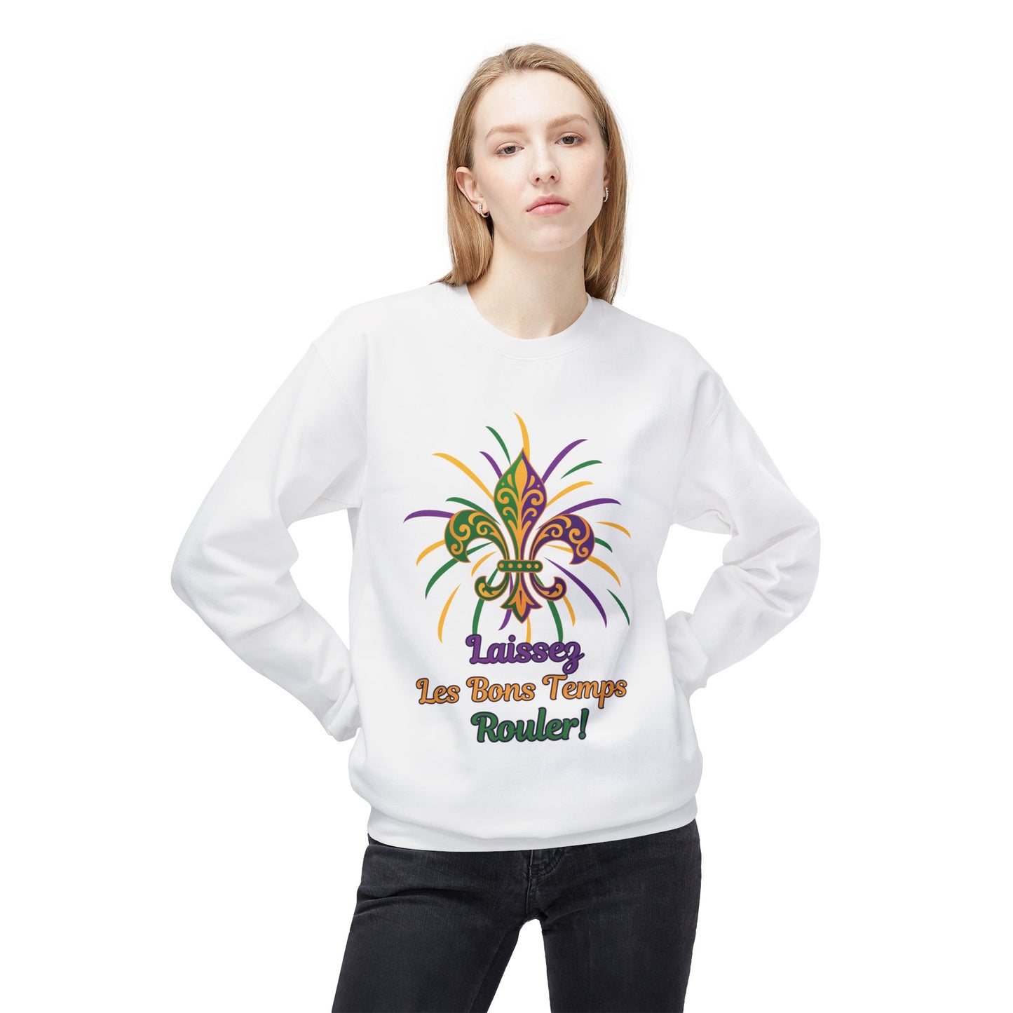 Mardi Gras Fleur-de-Lis Crewneck Sweatshirt — "Laissez Les Bons Temps Rouler!"