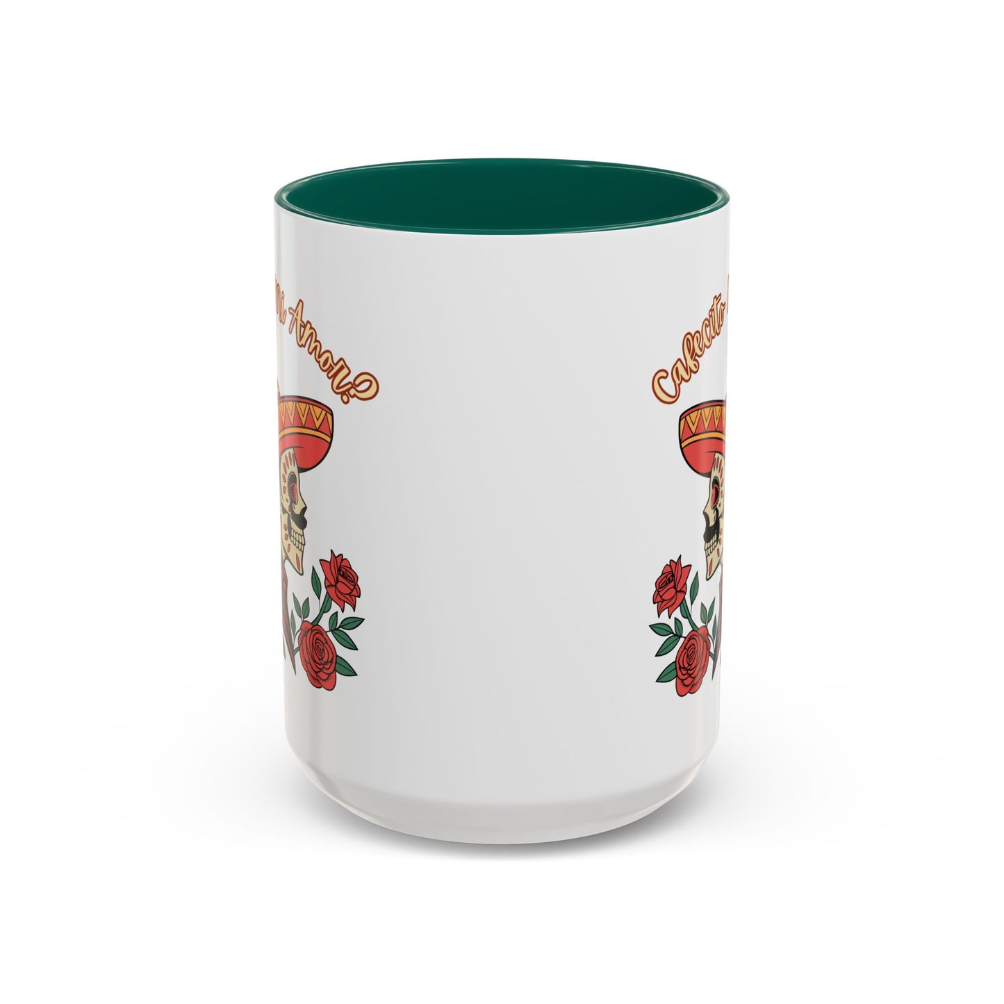 "Cafecito Mi Amor?" -El Hombre, Sugar Skull Style, White Ceramic Mugs with Colorful Accents (11oz/15oz)