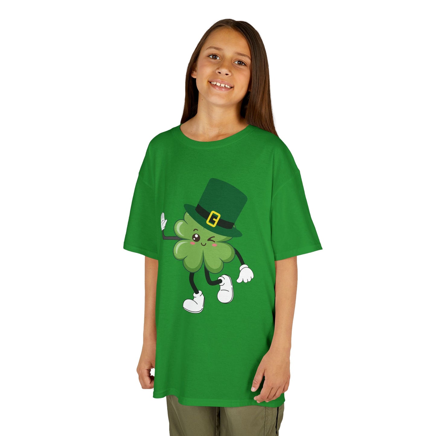"Dancing Shamrock with Leprechaun Hat".  Kids Heavy Cotton T-Shirt. Patrick’s Day Tee