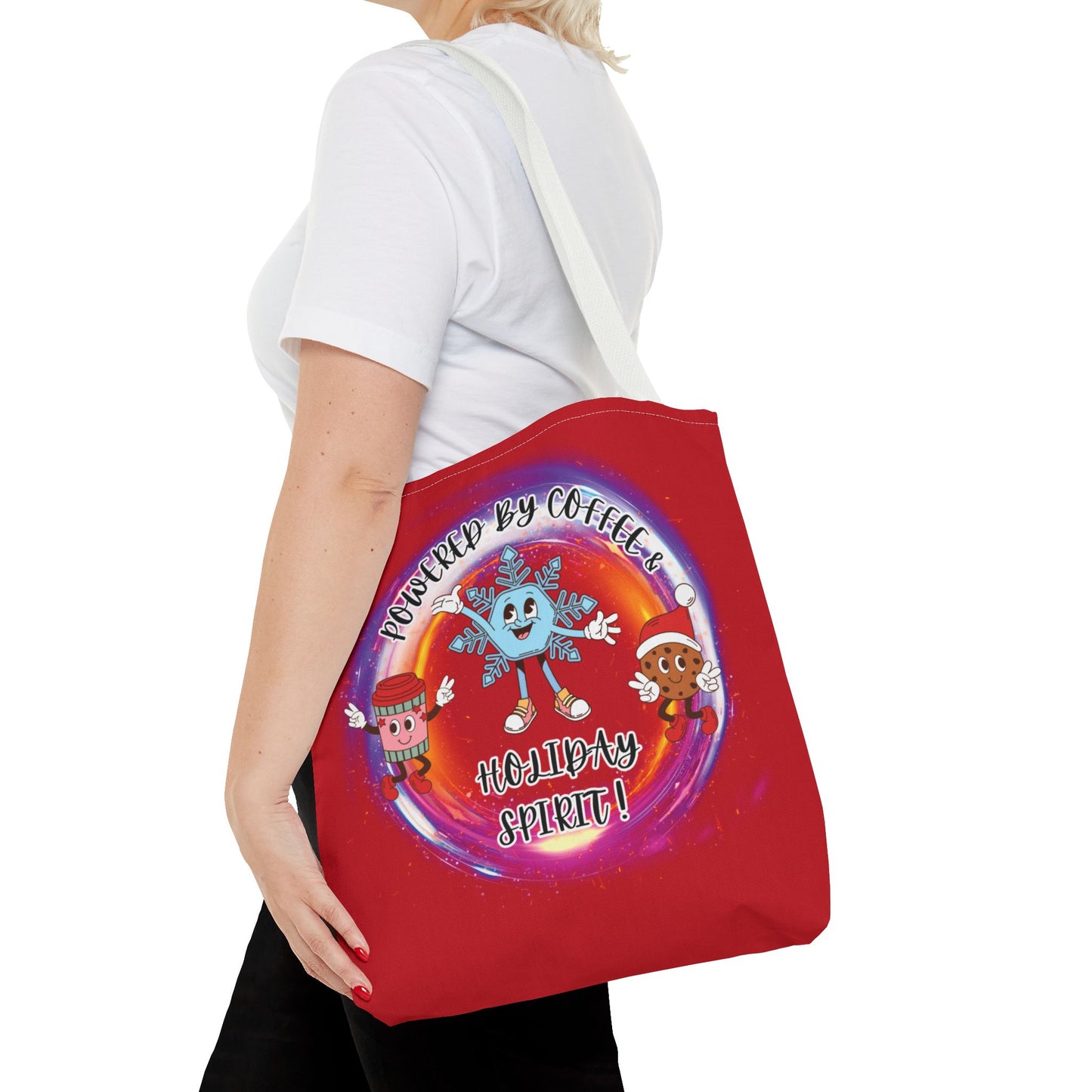 "Powered By Coffee And Holiday Spirit "  Red Tote Bag  with Colored Straps