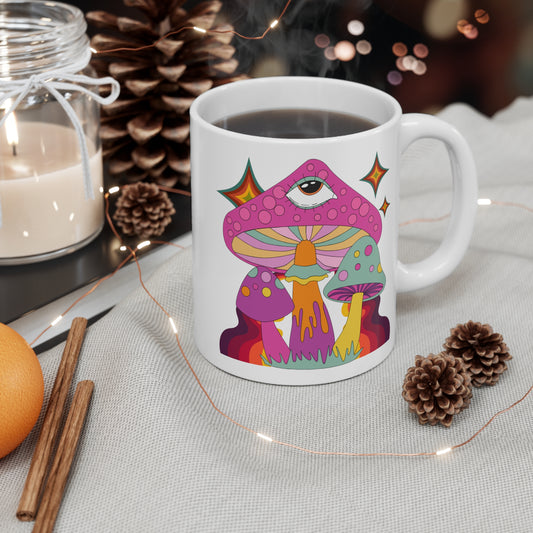 "Eye See You" 11 oz White Ceramic Mug With Colorful Mushroom Design!