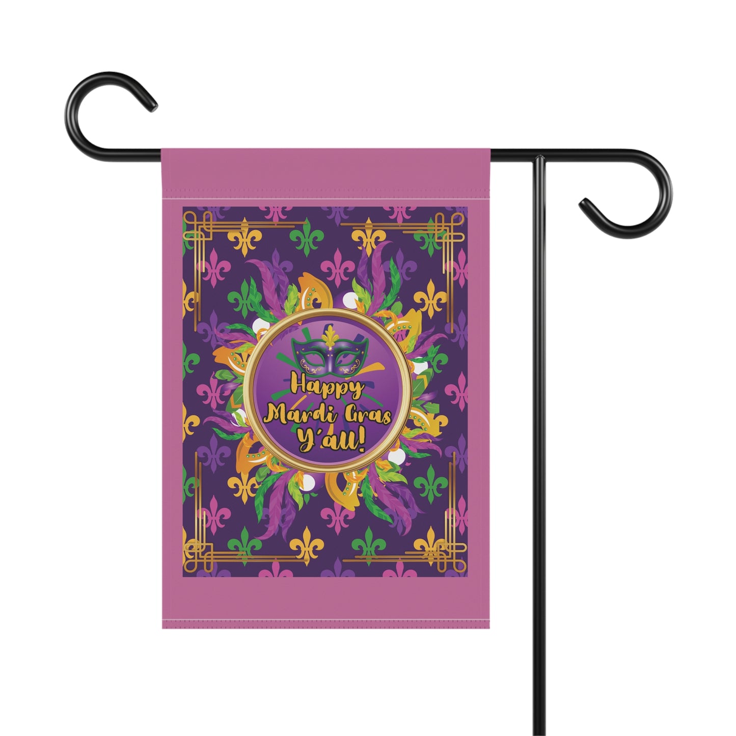 Mardi Gras Garden Flag — “Happy Mardi Gras Y’all” Decorative House Banner-Pink