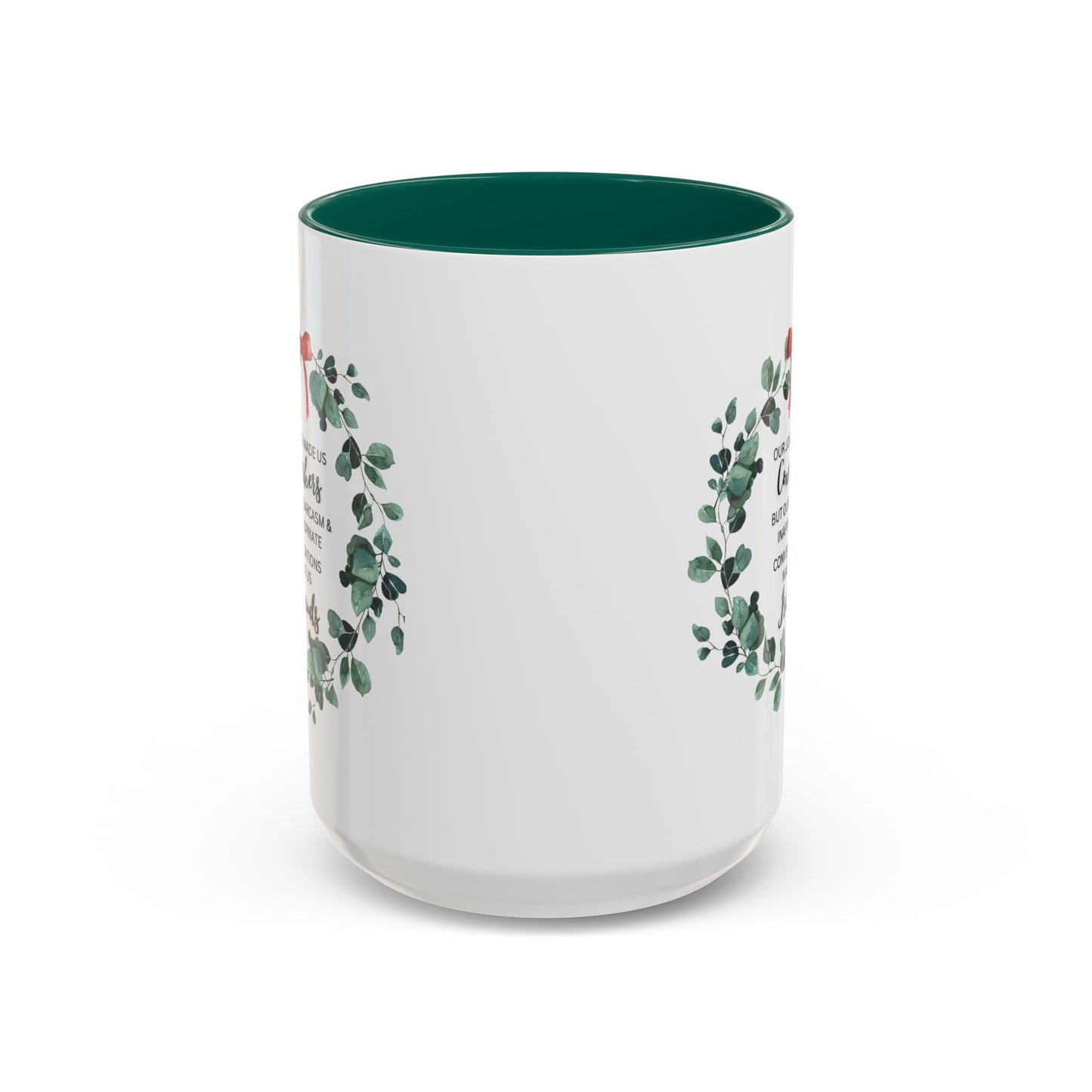 White Ceramic with Colorful Accents, Coffee Mug — “Our Jobs Made Us Coworkers…” Holiday Eucalyptus Wreath Design,11oz