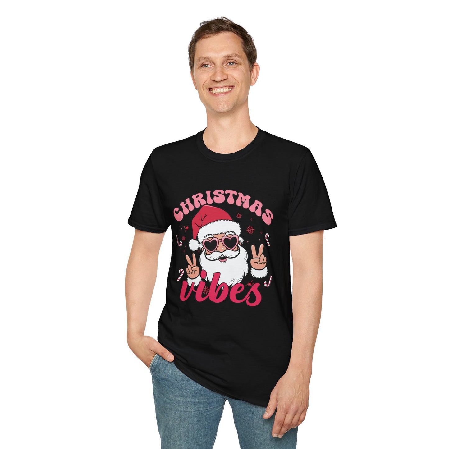 "Christmas Vibes"  Smiling Santa Holiday Unisex T-Shirt.  Cool(Tan)Santa Wearing His Shades And Sharing A "Peace Sign".
