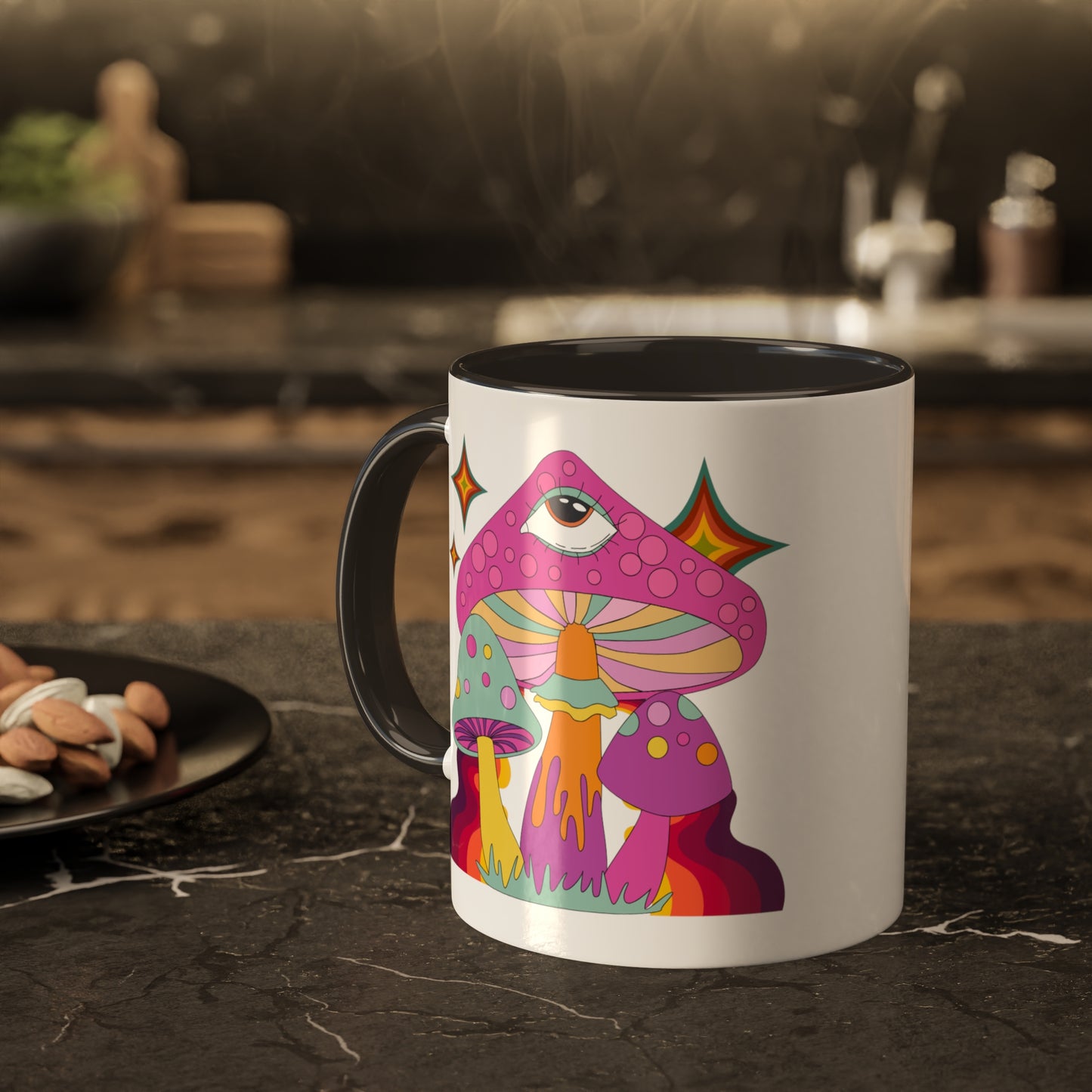 "Groovy Mushrooms" 11 oz White Mug with Colorful Accents