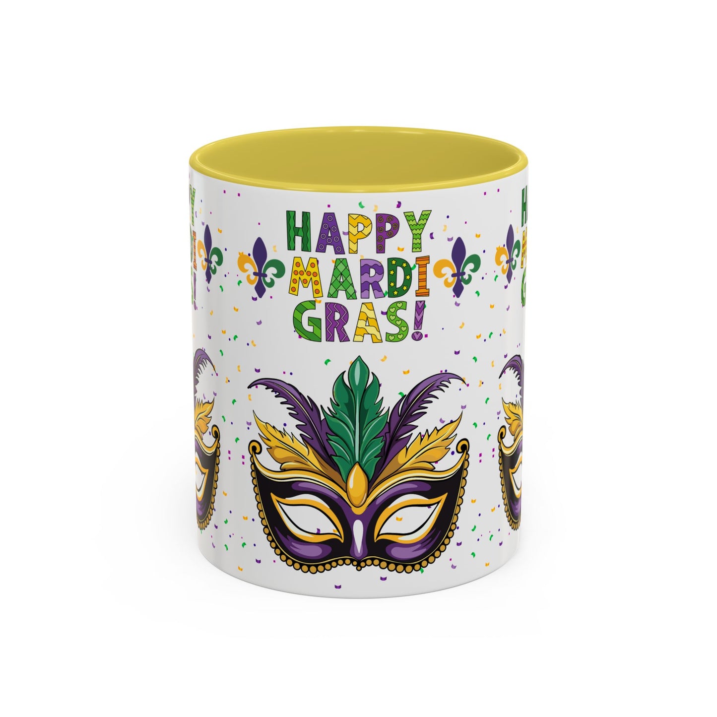 "Happy Mardi Gras Mask" White Ceramic 11oz Mugs With Colorful Accents.  Enjoy The Carnival Season Every time You Use This Mug.