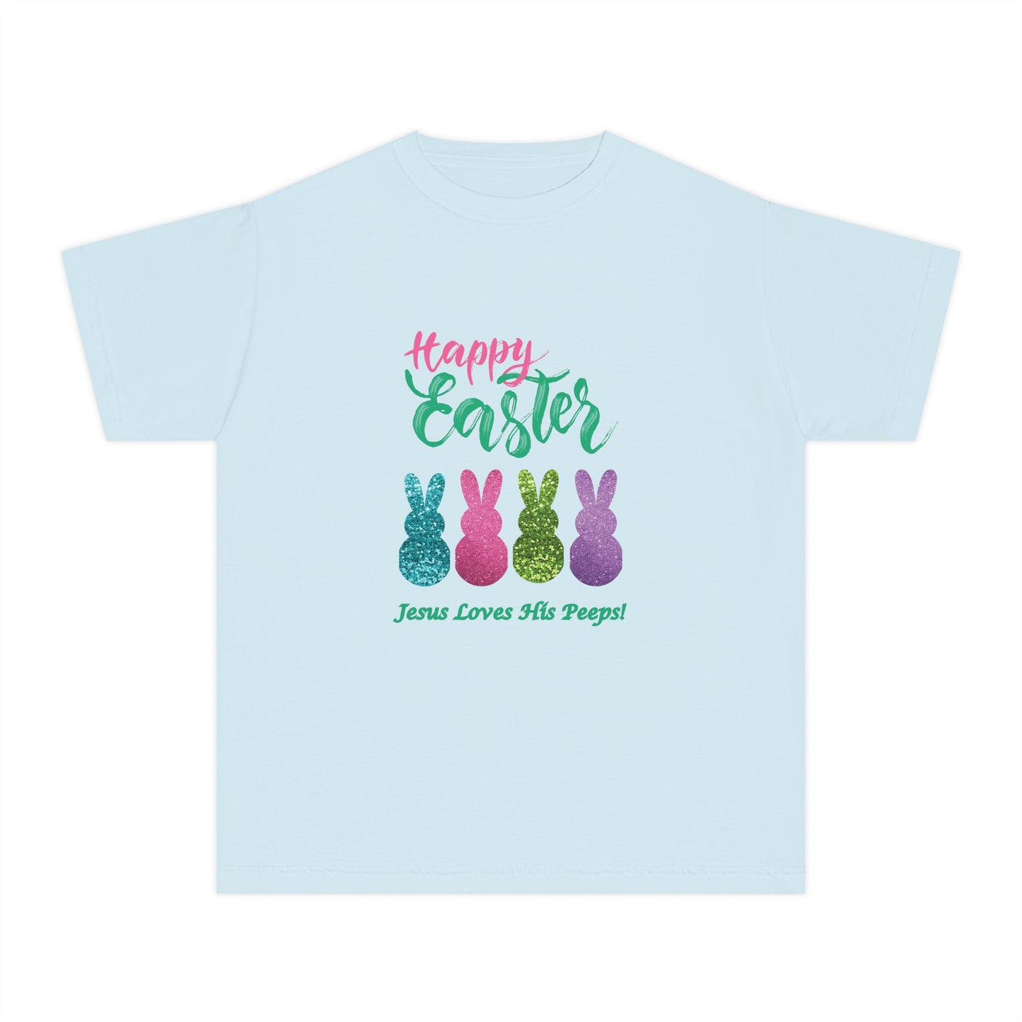Easter Bunny Youth Tee — "Happy Easter" Christian Kids/Youth Shirt (Jesus Loves His Peeps)
