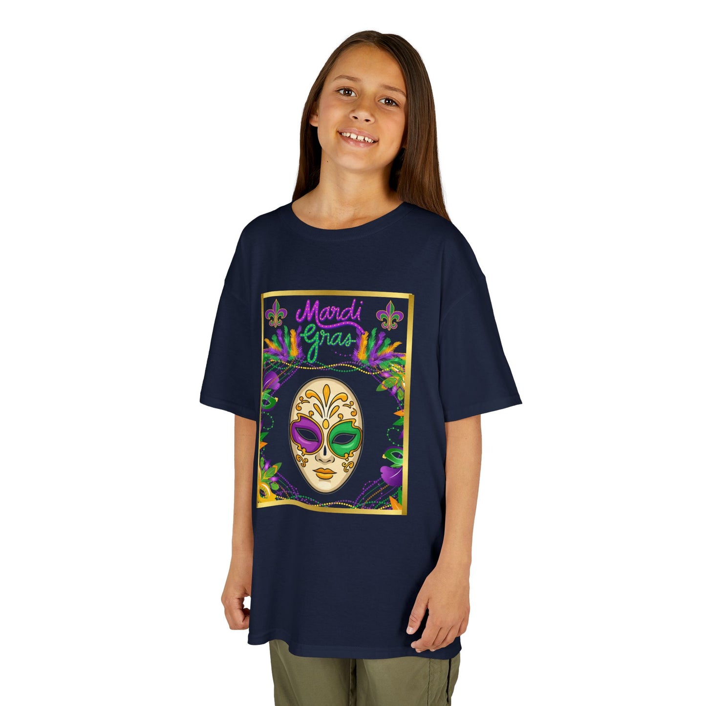 "Mardi  Gras Mask"  Youth Unisex  Boxy T-Shirt.  This Stylish & Colorful Tee Has All The Elements Needed For Carnival Cheer!