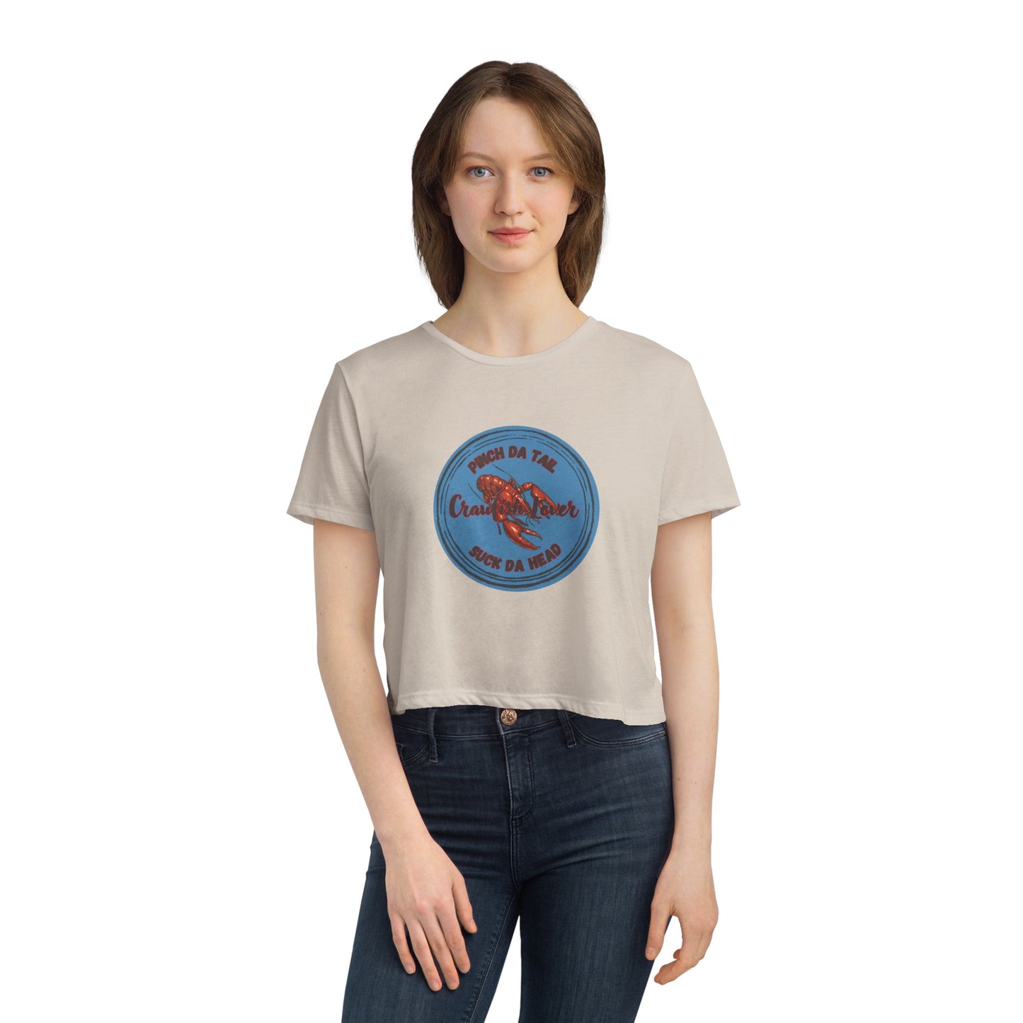 "Crawfish Lover"  Womens' Flowy Cropped Tee — "Pinch Da Tail, Suck Da Head" Seafood Festival Shirt