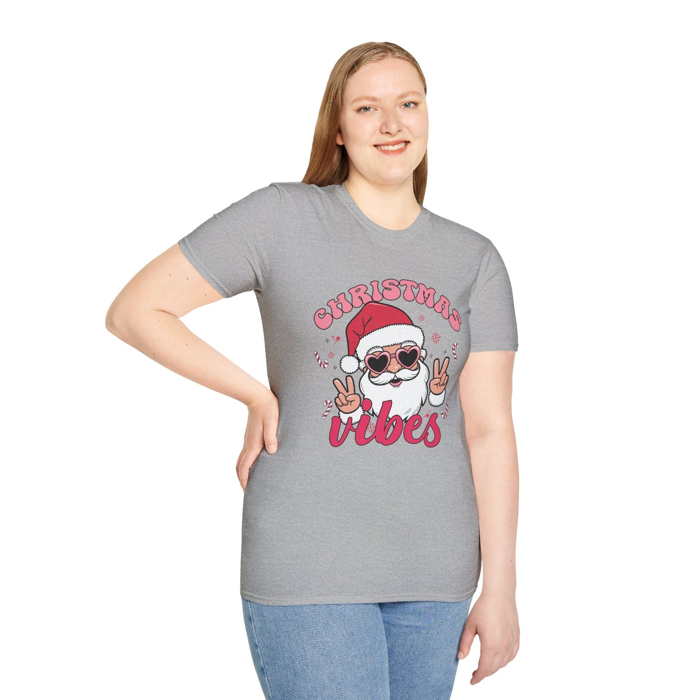 "Christmas Vibes"  Smiling Santa Holiday Unisex T-Shirt.  Cool(Tan)Santa Wearing His Shades And Sharing A "Peace Sign".
