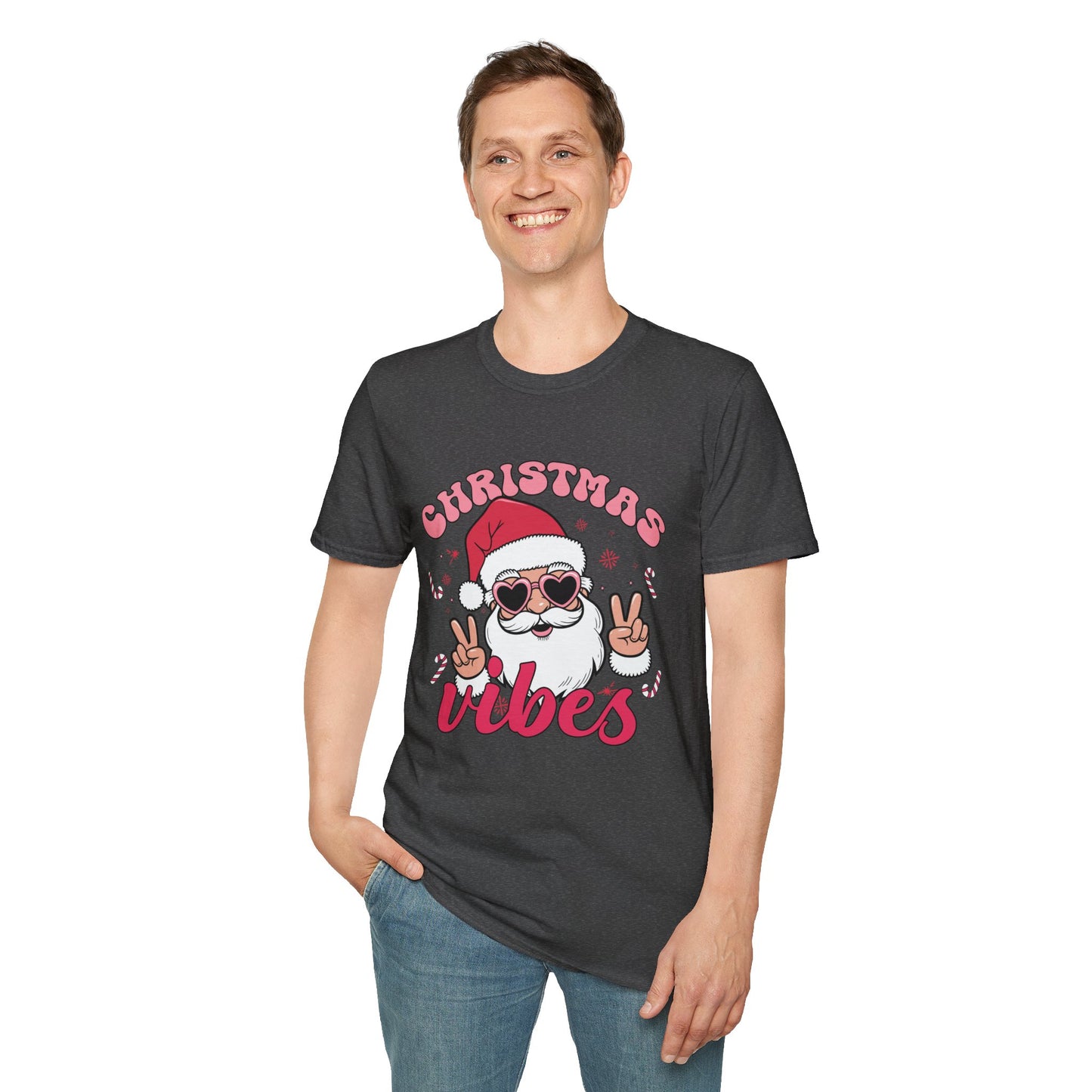 "Christmas Vibes"  Smiling Santa Holiday Unisex T-Shirt.  Cool(Tan)Santa Wearing His Shades And Sharing A "Peace Sign".