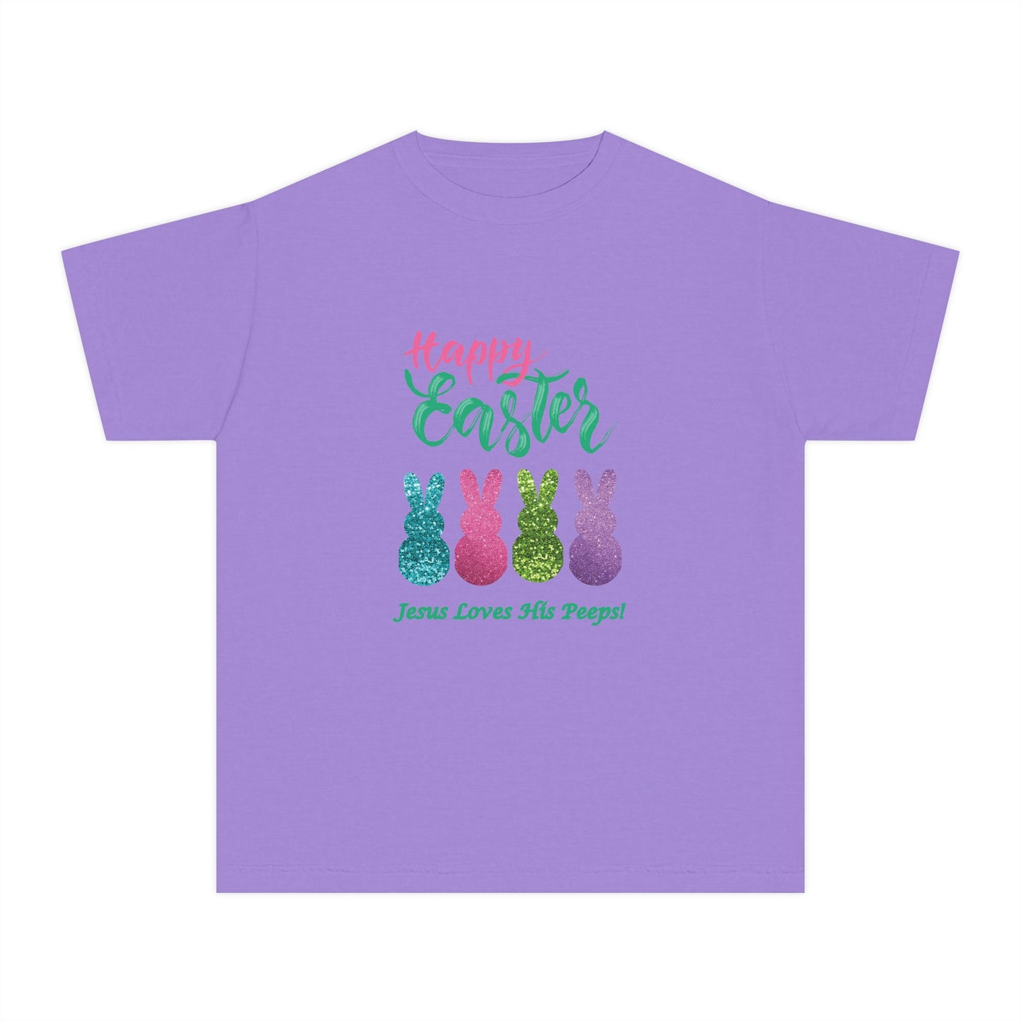 Easter Bunny Youth Tee — "Happy Easter" Christian Kids/Youth Shirt (Jesus Loves His Peeps)