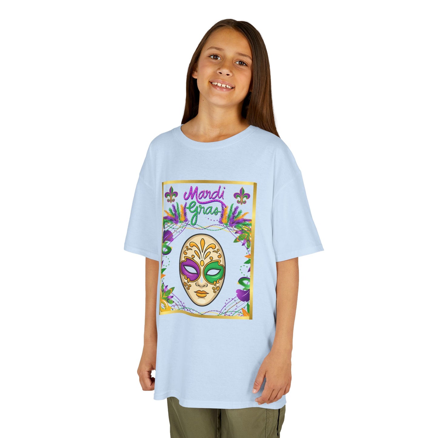 "Mardi  Gras Mask"  Youth Unisex  Boxy T-Shirt.  This Stylish & Colorful Tee Has All The Elements Needed For Carnival Cheer!