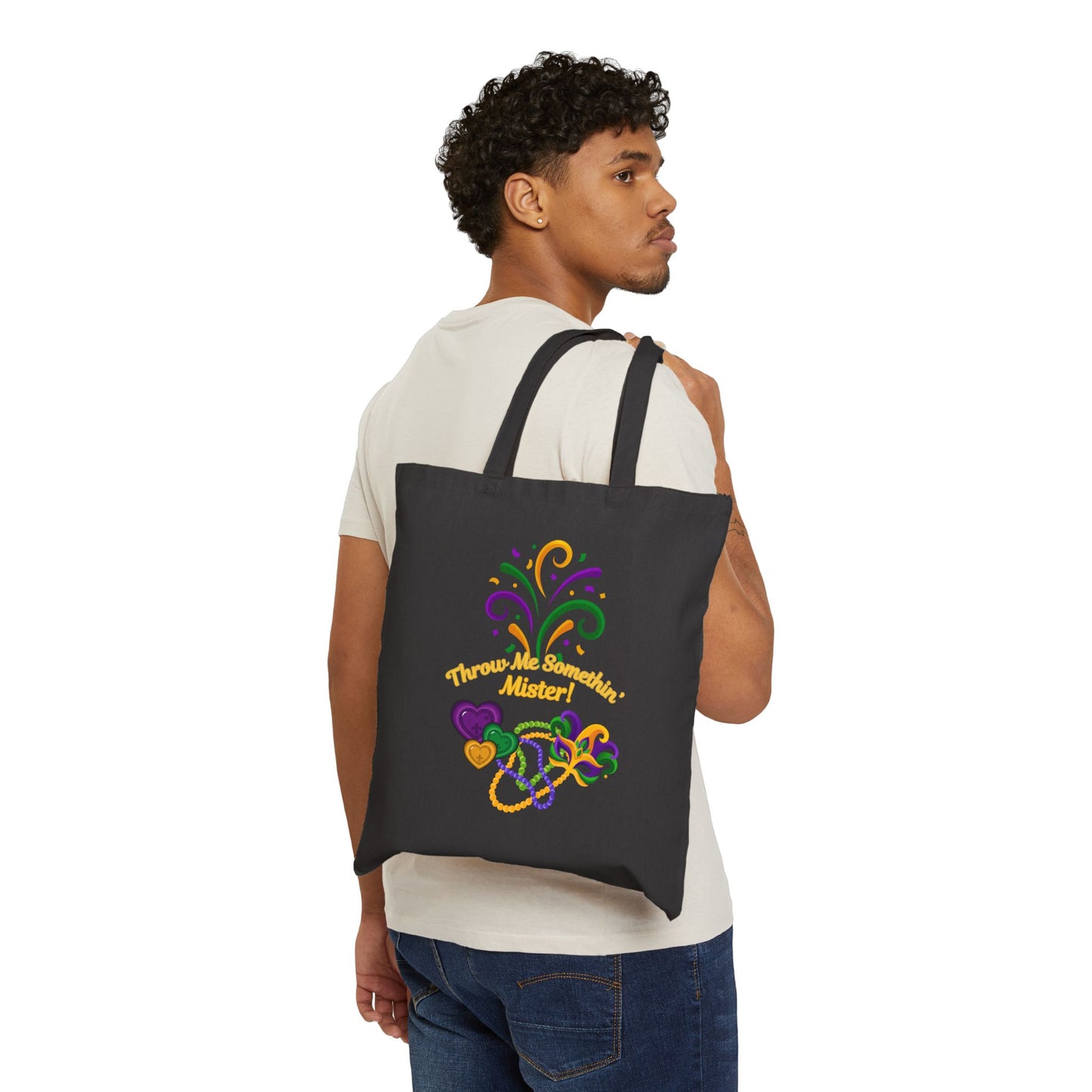 "Throw Me Somethin' Mister" Cotton Canvas Mardi Gras  Tote Bag in Black.  A Festive Tote Festive For The Carnival Goodies!