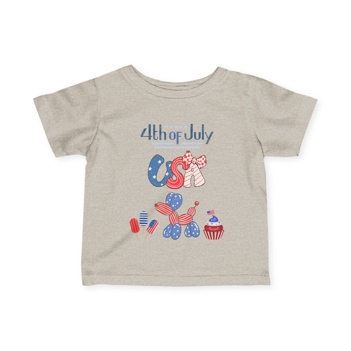 4th of July Infant Tee — USA Patriotic Baby Shirt with Flag Bow & Cupcake