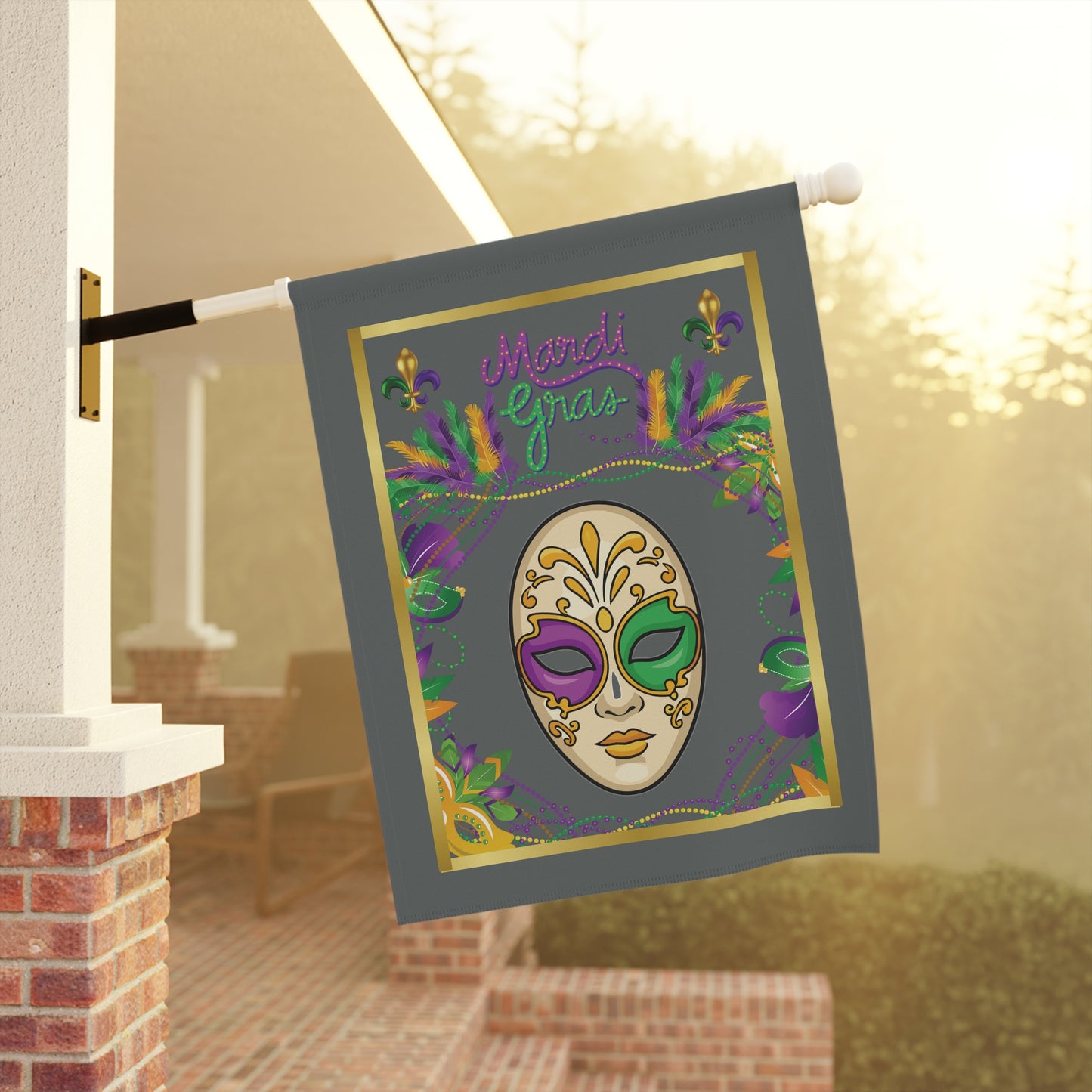 "Mardi Gras Mask", Garden Flag/House Banner In Dark Gray.  Lovely Carnival Mask  Heralds In The Mardi Gras Season!