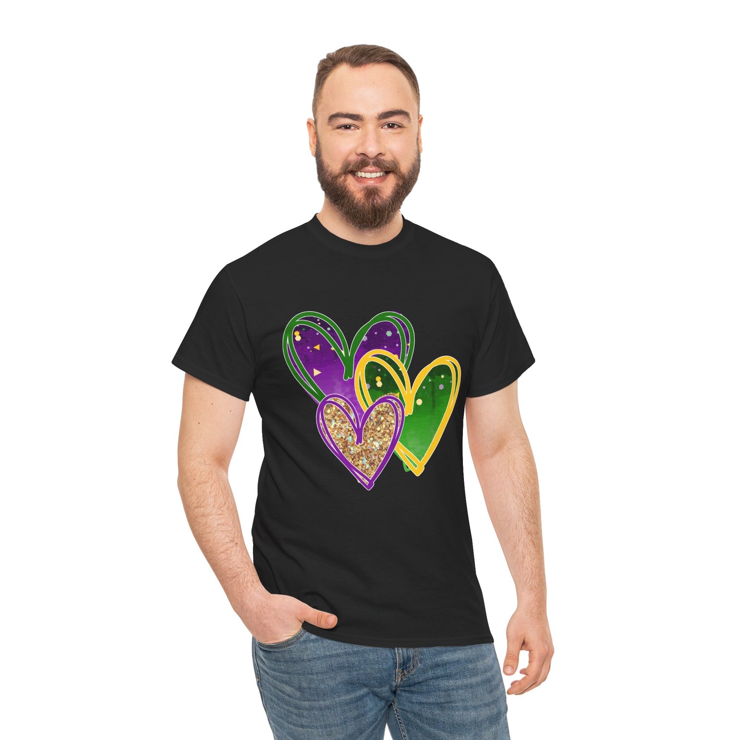 "Mardi Gras Hearts"  Unisex Adult Cotton Tee — Purple, Gold & Green Carnival Shirt.  It's Time To Party!