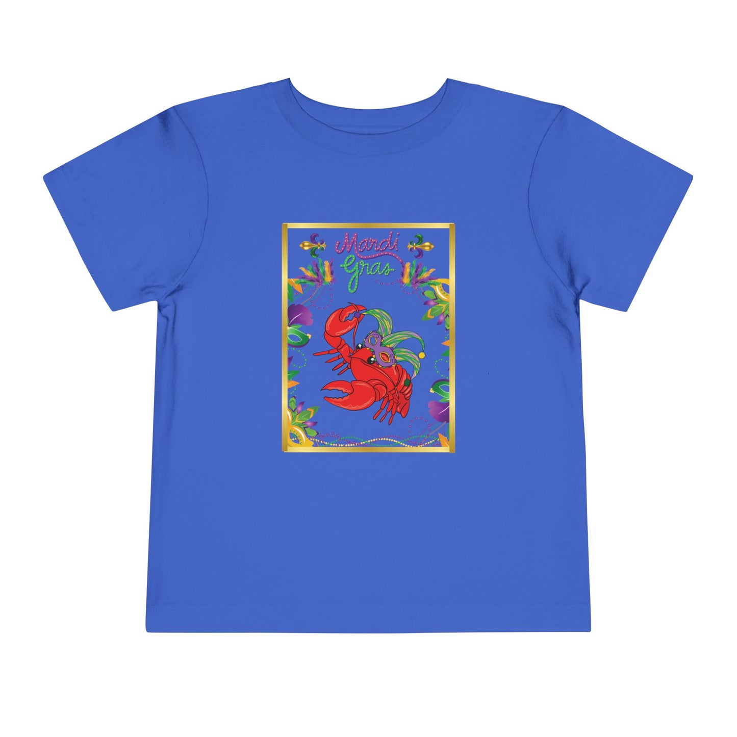 "Mardi Gras Crawfish" Toddler Short Sleeve Tee — Festive Masked Bright Red Crawfish Ready for Carnival!