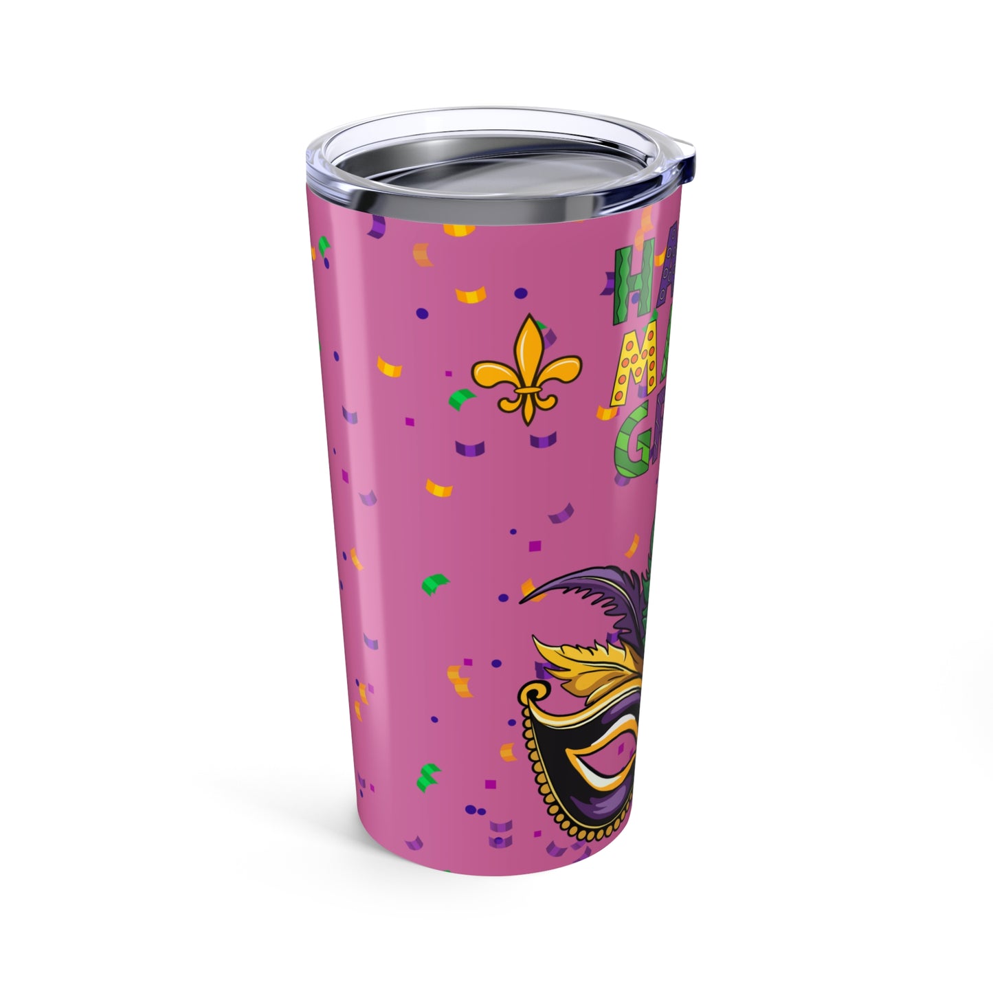 Happy Mardi Gras 20oz Tumbler – Purple Mask & Confetti Travel Cup-Pink