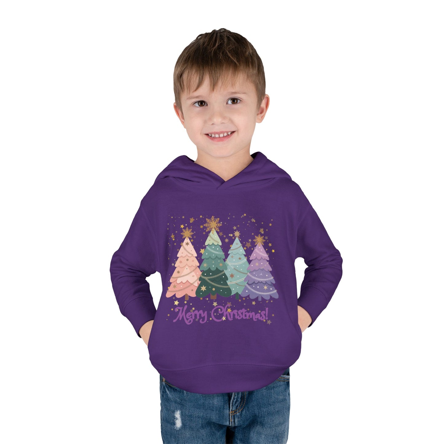 "Merry Xmas" Toddler Hoodie — Pastel Paper-Cut Christmas Trees with Gold Stars
