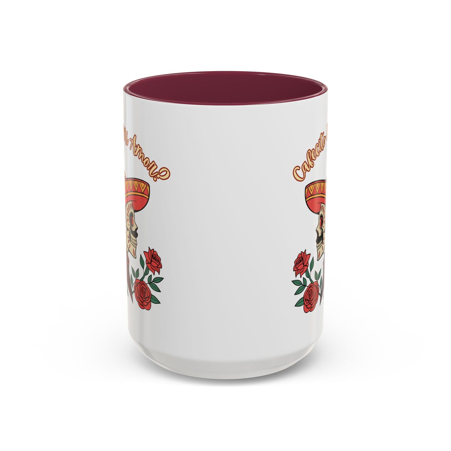 "Cafecito Mi Amor?" -El Hombre, Sugar Skull Style, White Ceramic Mugs with Colorful Accents (11oz/15oz)