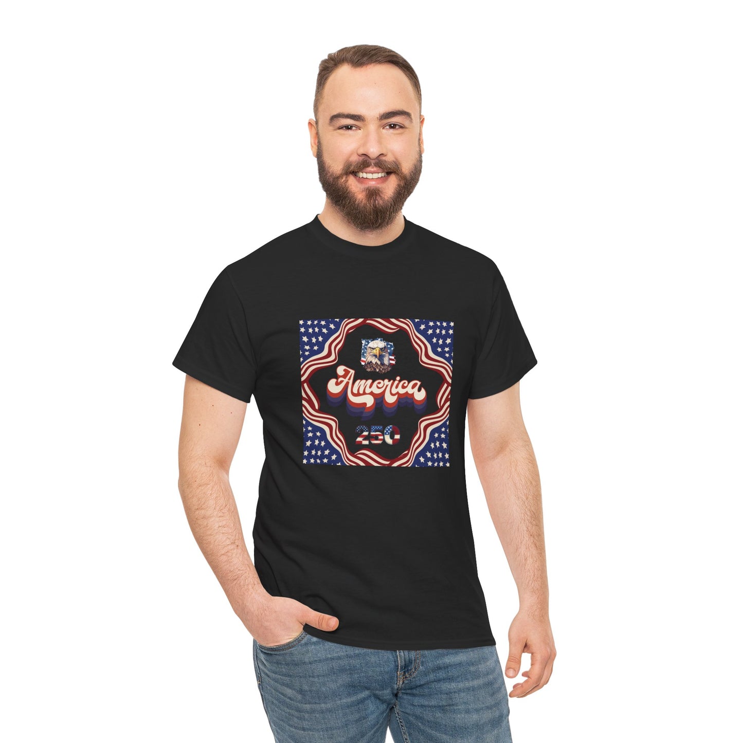 Unisex Heavy Cotton T-Shirt — Retro "America 250" Patriotic Eagle Graphic: 4th of July Celebration Tee