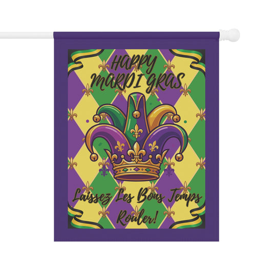 Mardi Gras Jester Crown Garden Flag — "Happy Mardi Gras-Laissez Les Bons Temps Rouler!" House Banner-Purple