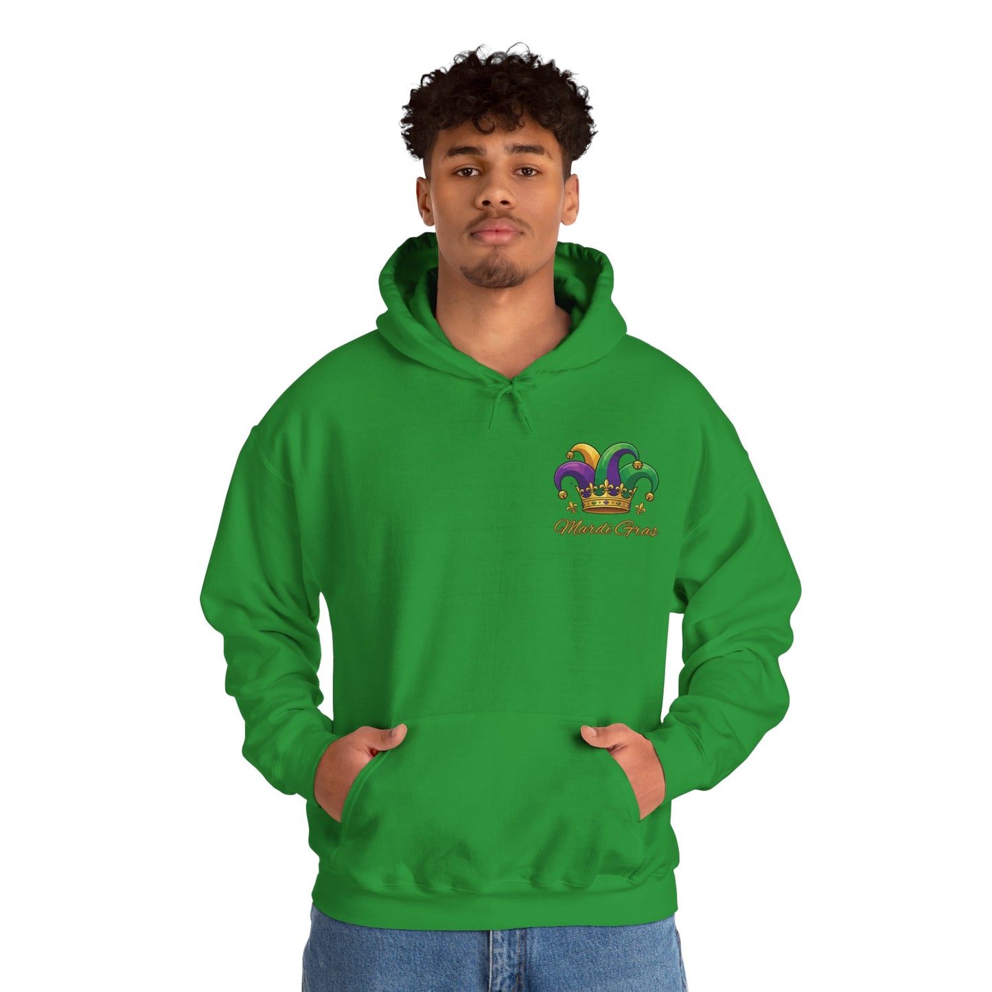 "Mardi Gras Jester Crown" Unisex Pullover Hoodie.  Festive Colorful Front Chest & Bold Back Designs Make This THE Hoodie Of Carnival Season!