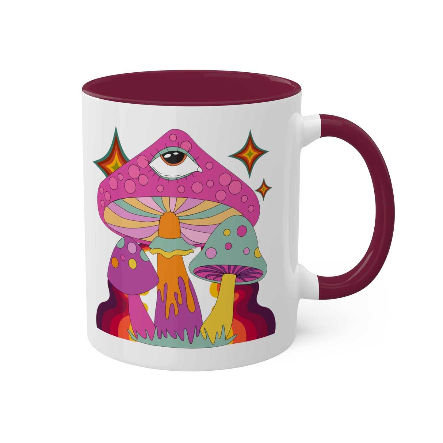 "Groovy Mushrooms" 11 oz White Mug with Colorful Accents