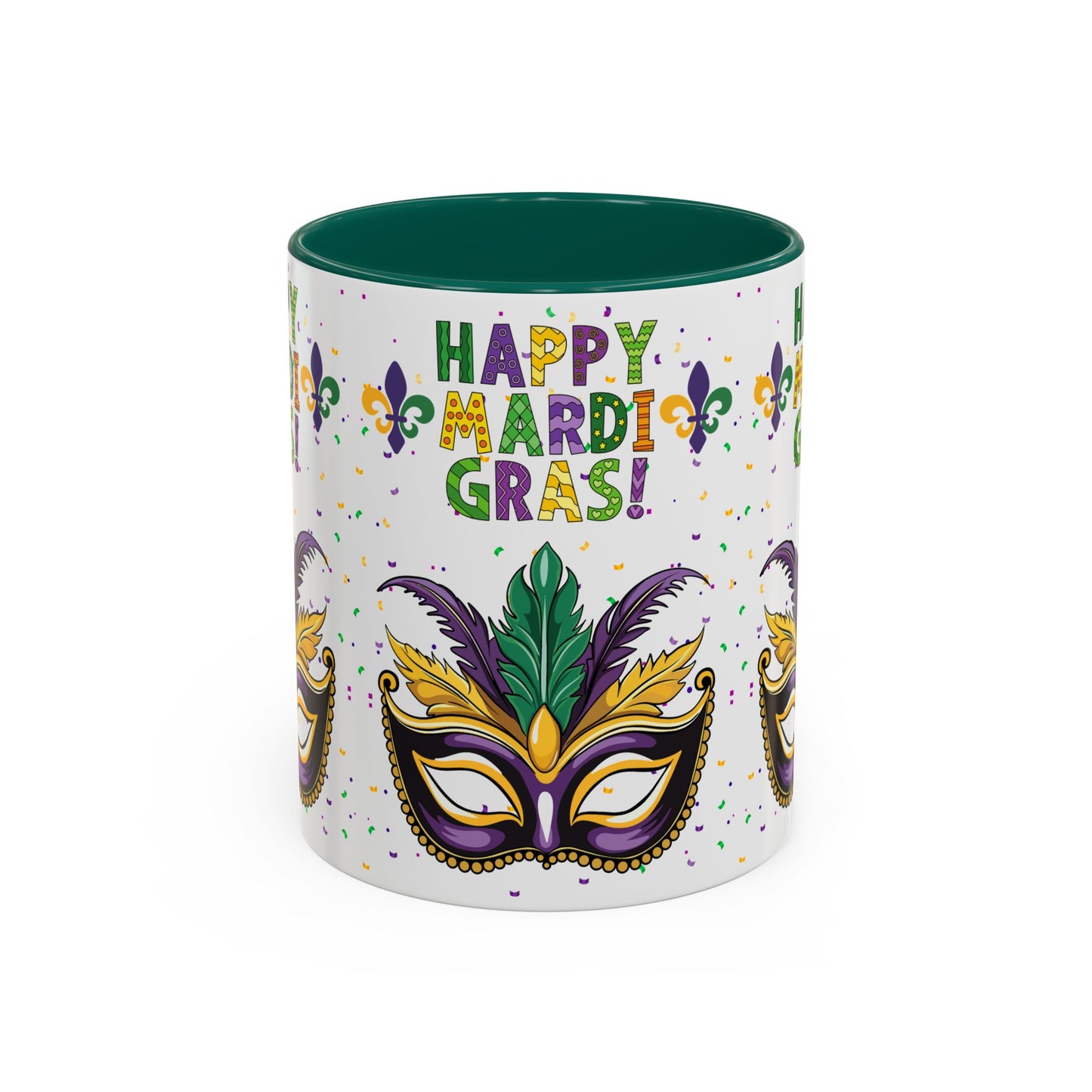 "Happy Mardi Gras Mask" White Ceramic 11oz Mugs With Colorful Accents.  Enjoy The Carnival Season Every time You Use This Mug.