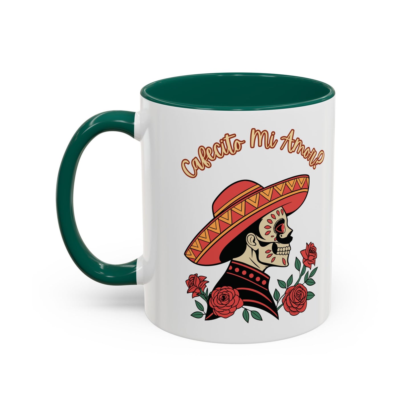 "Cafecito Mi Amor?" -El Hombre, Sugar Skull Style, White Ceramic Mugs with Colorful Accents (11oz/15oz)
