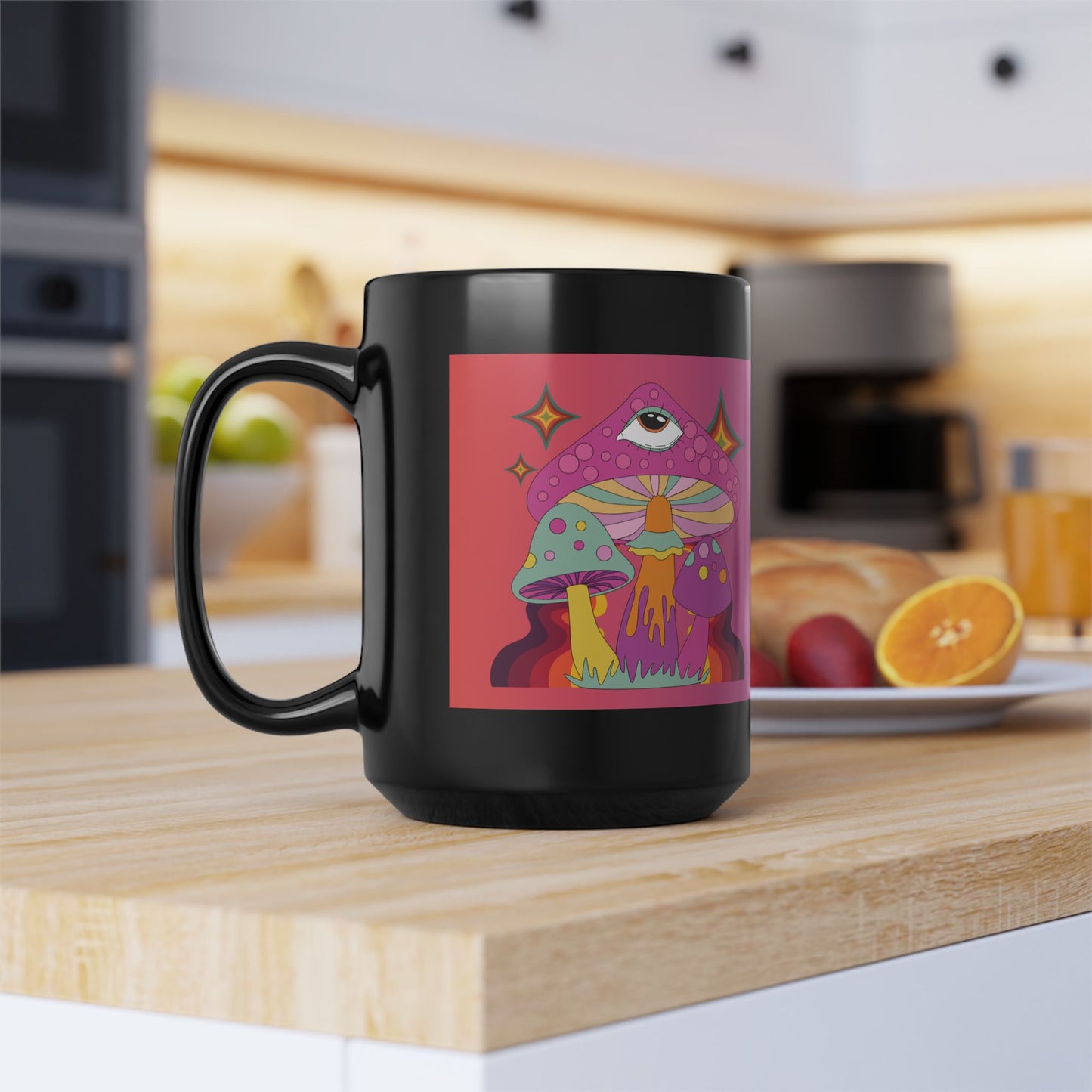 "Groovy Ombre Mushroom" Mug,  Black Ceramic Coffee Mugs In 15oz & 11oz