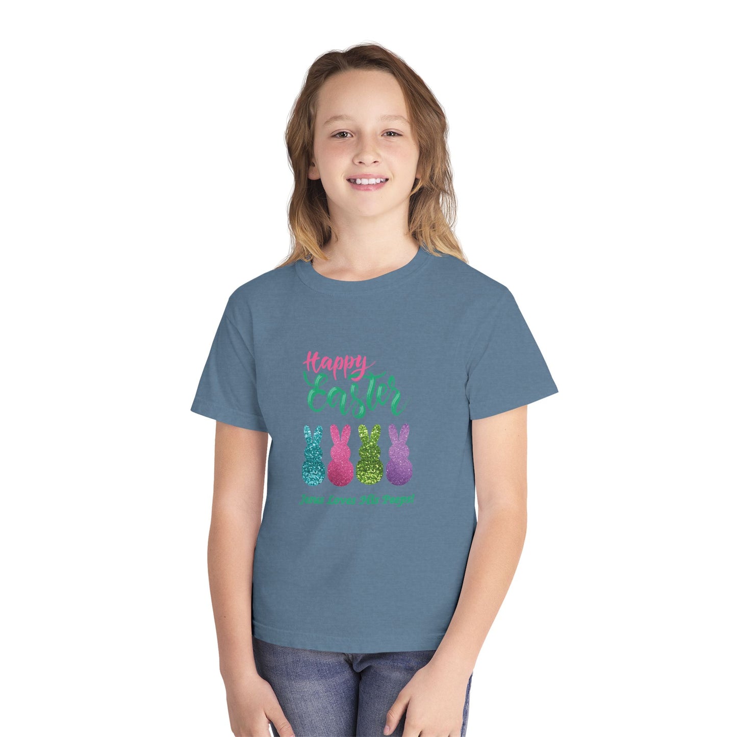 Easter Bunny Youth Tee — "Happy Easter" Christian Kids/Youth Shirt (Jesus Loves His Peeps)