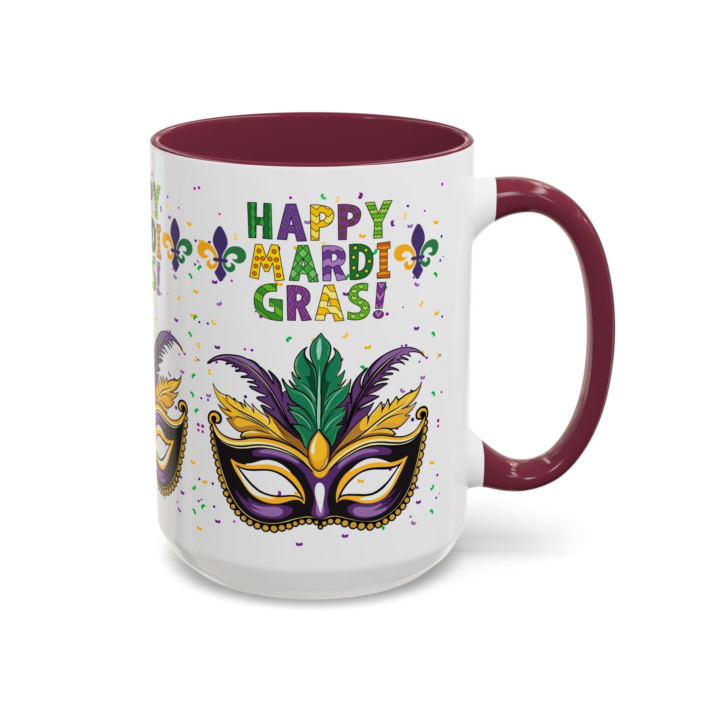 "Happy Mardi Gras" Mugs — Colorful 11oz/15oz Carnival Mask-Fleur De Lis Design White Ceramic Mugs