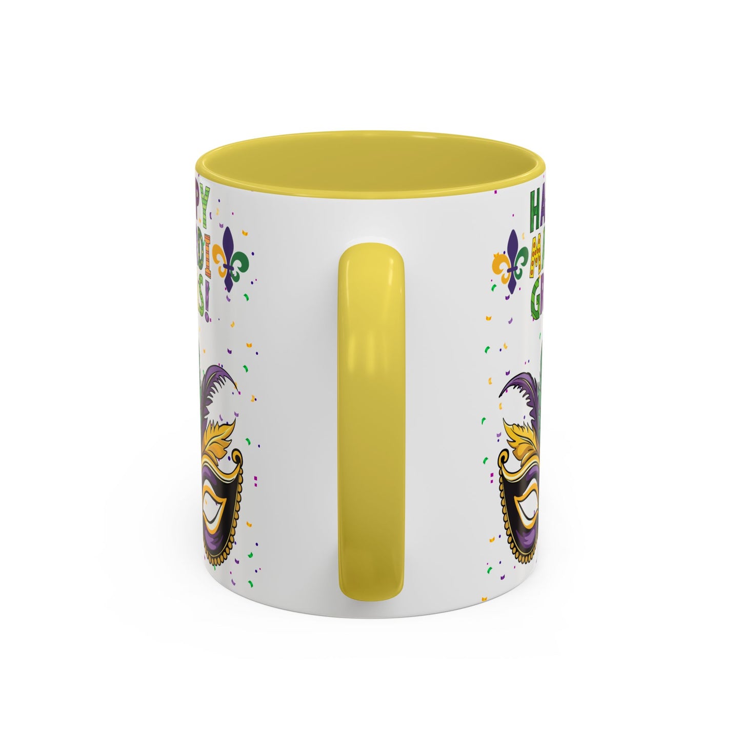 "Happy Mardi Gras" Mugs — Colorful 11oz/15oz Carnival Mask-Fleur De Lis Design White Ceramic Mugs