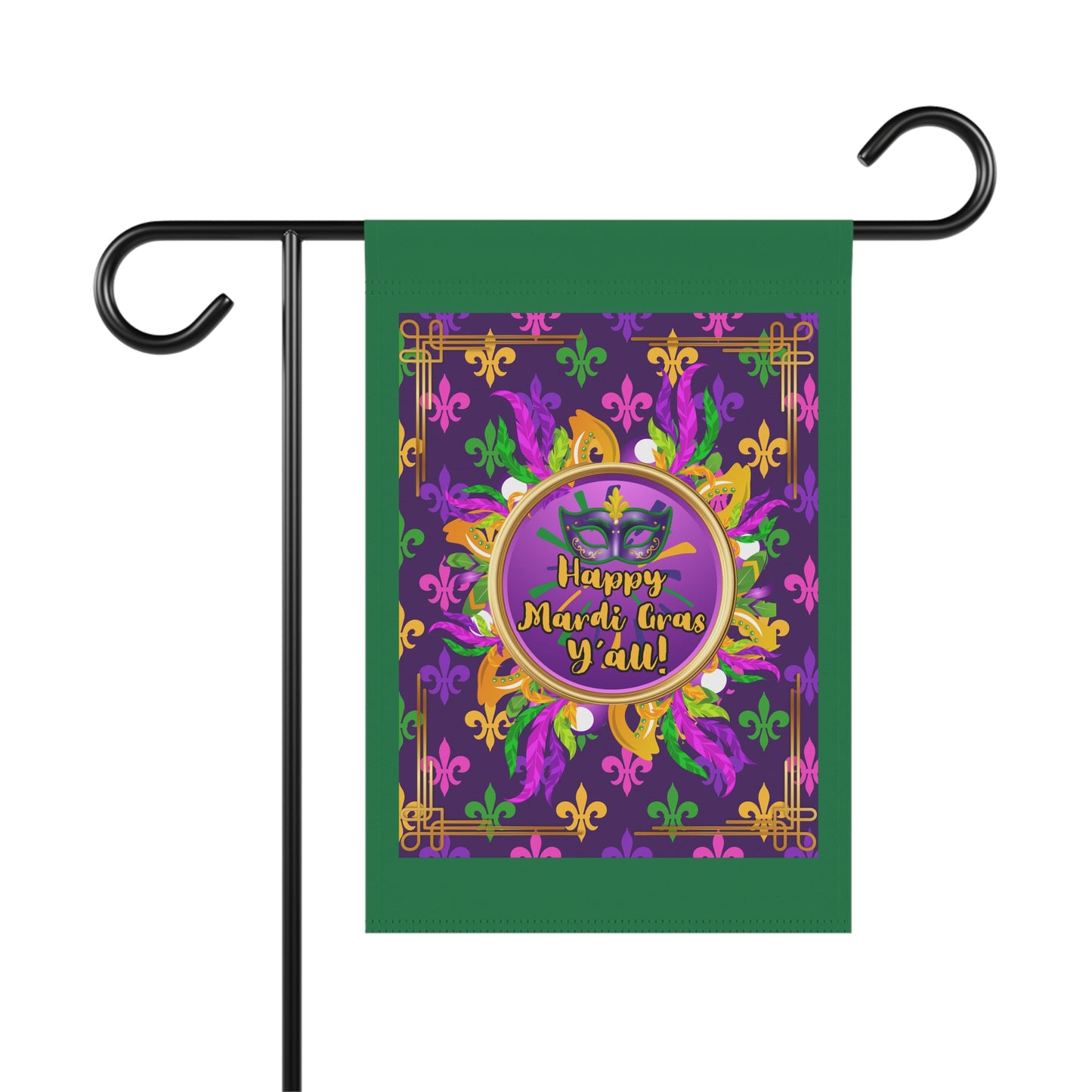 Mardi Gras Paisley Garden Banner — “Happy Mardi Gras Y’all!” Decorative House Flag-Dark Green