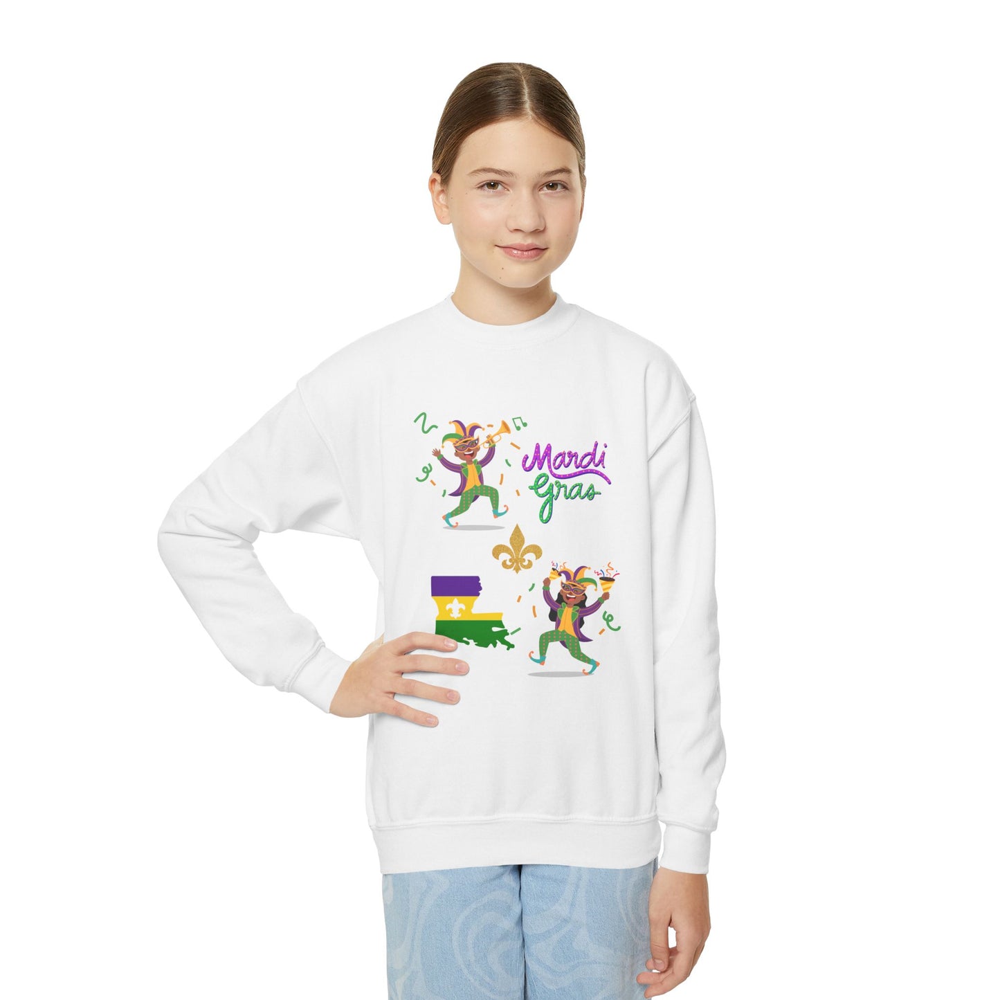 "Mardi Gras Kids" Youth Crewneck Sweatshirt — Colorful Beads, Jester Costumes & The State Of Louisiana all in Classic Mardi Gras Colors - Ready For The Parades!