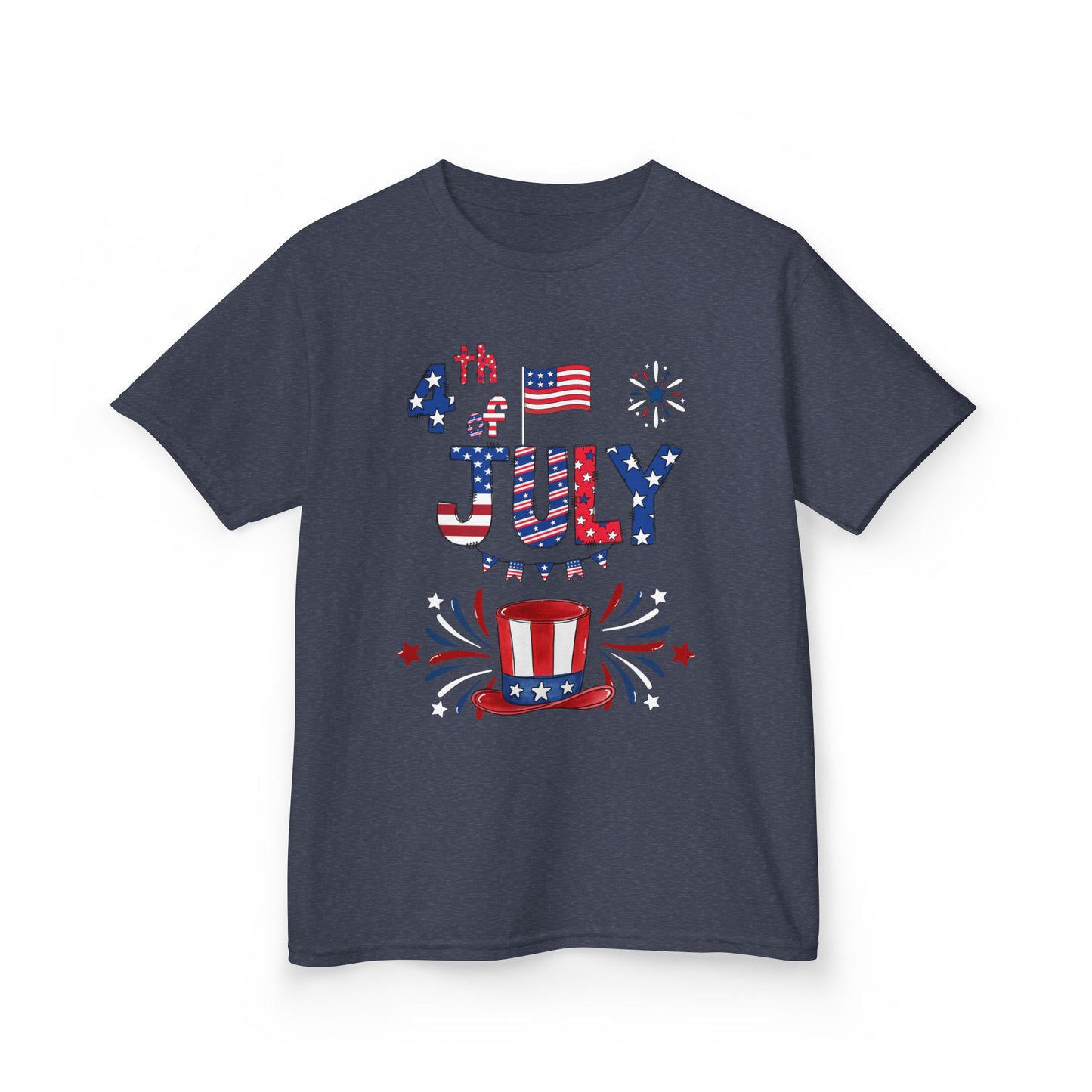 Kids "4th of July" Patriotic Boxy Tee — Celebrate This Special Day With Fireworks & A Vibrant Uncle Sam Hat!
