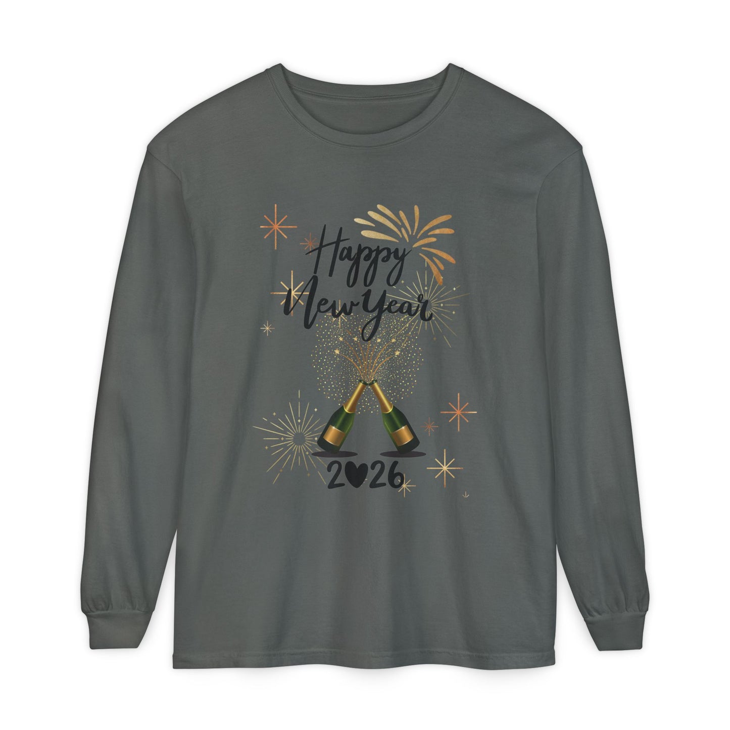 "Happy New Year 2026-Champagne Toast", Unisex Long Sleeve T‑Shirt.  A "Grown Up" Classy Yet Fun, Long Sleeve Tee.  Dress It Up or Dress It Down For Celebrating The New Year!