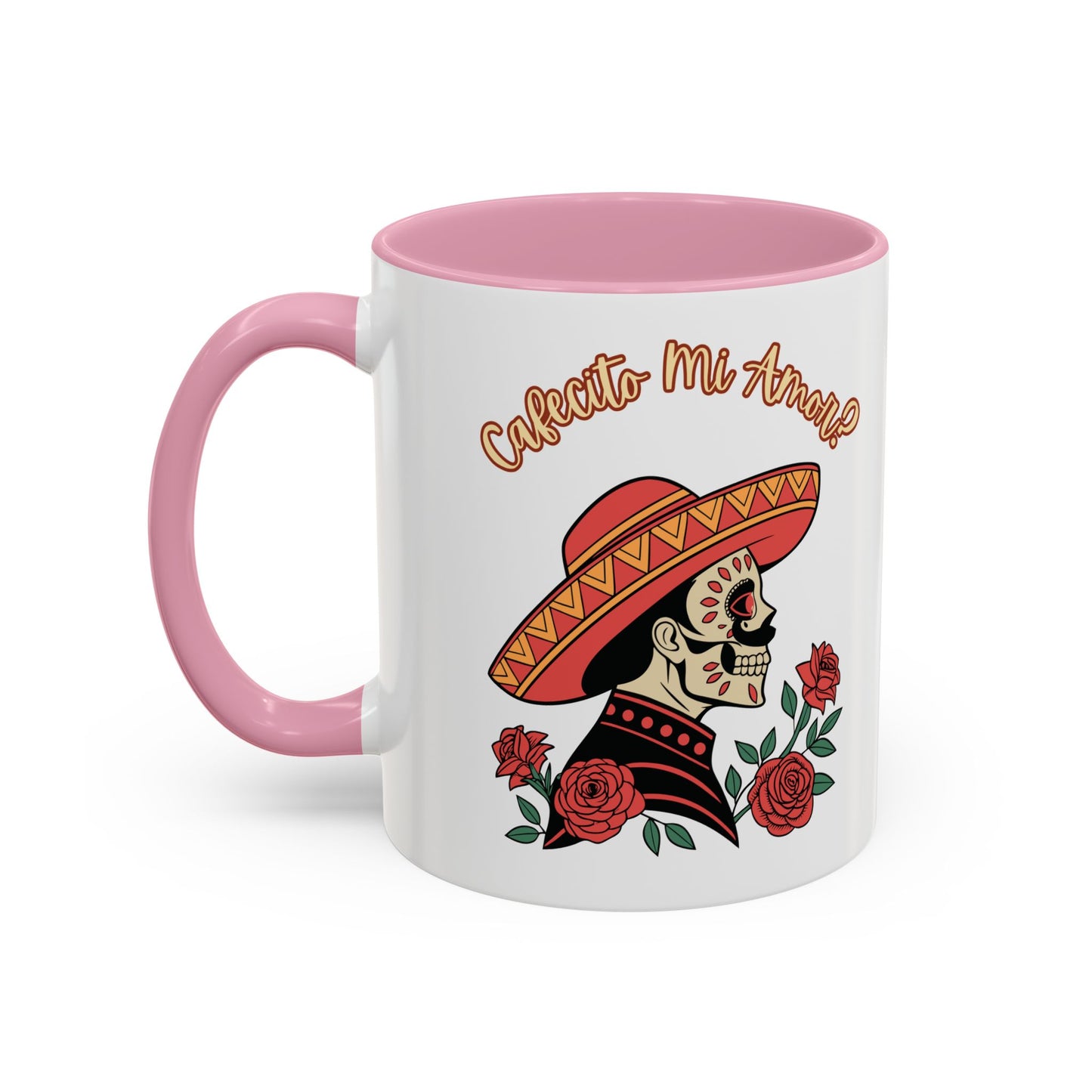 "Cafecito Mi Amor?" -El Hombre, Sugar Skull Style, White Ceramic Mugs with Colorful Accents (11oz/15oz)